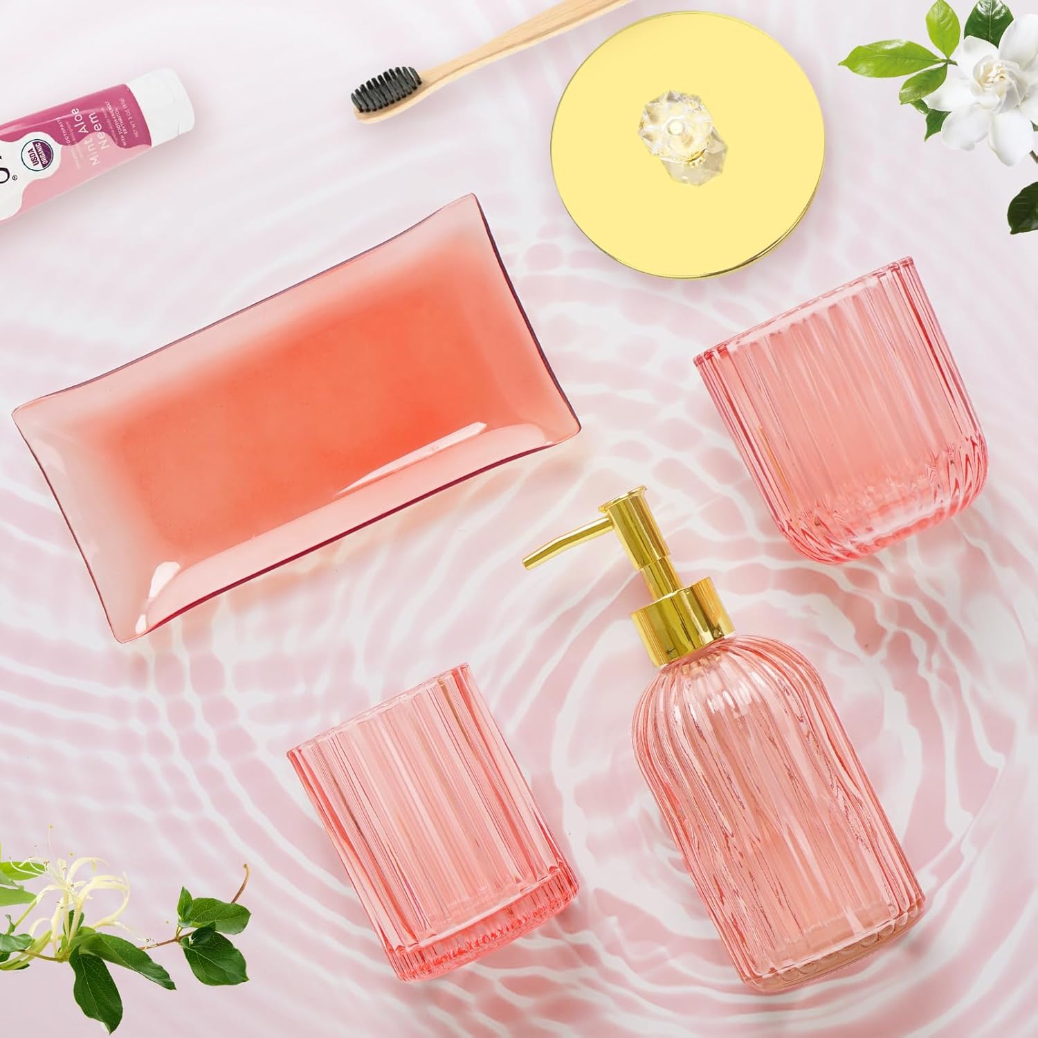 JUPELI 4-Piece Pink Glass Bathroom Accessories Set