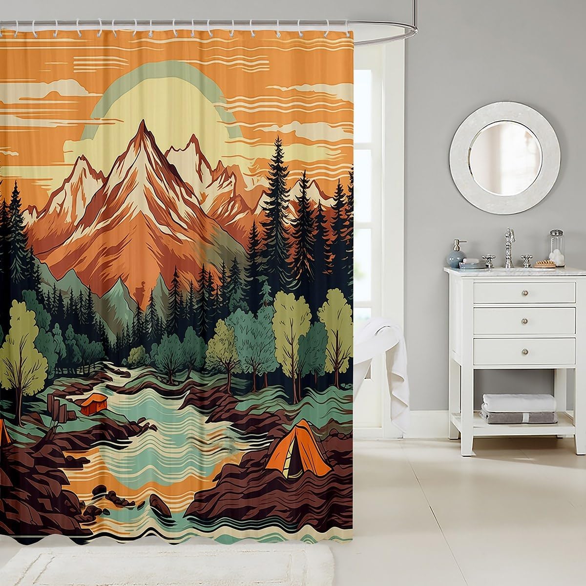 Mountain River Retro Adventure Shower Curtain with 12 Hooks