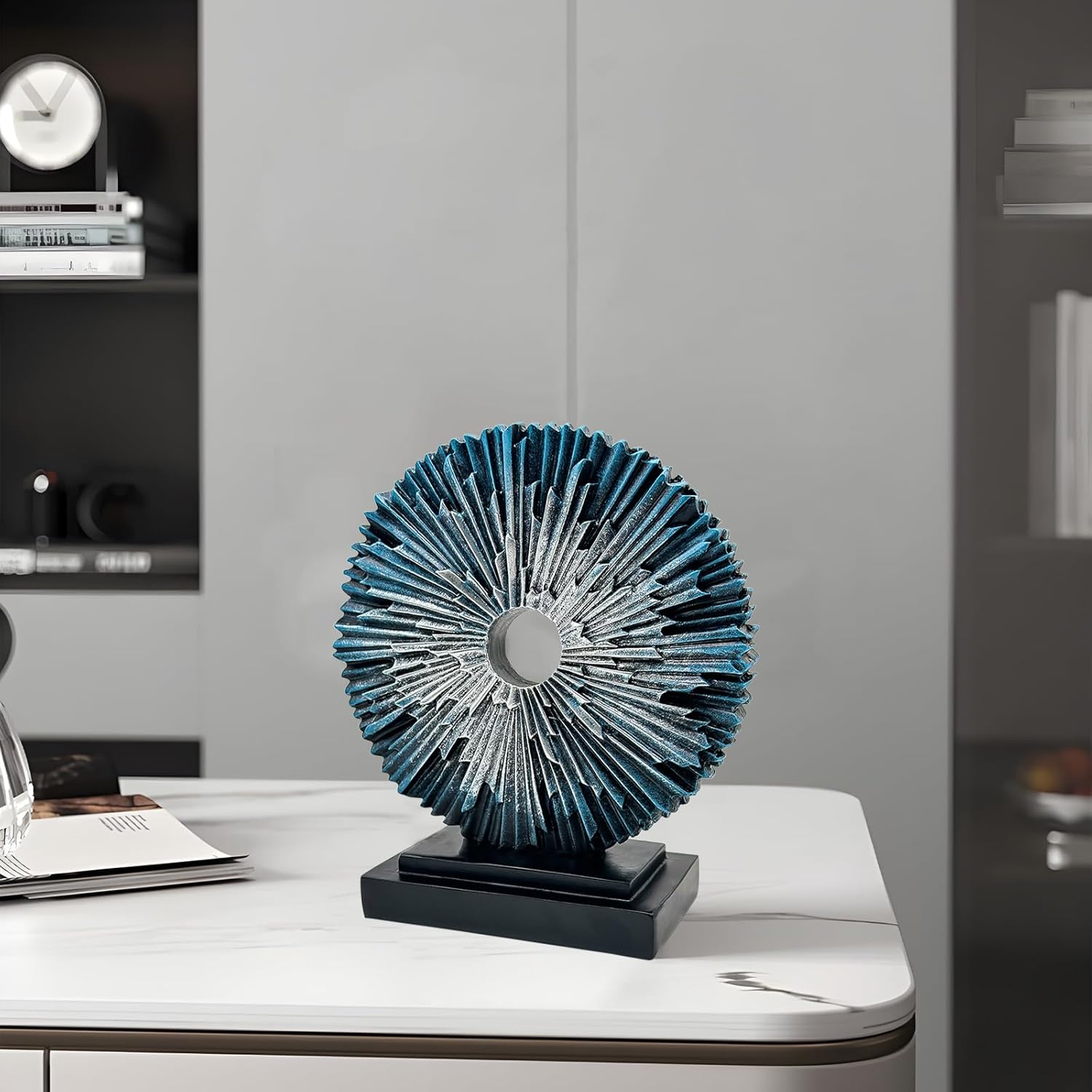 Abstract Blue Silver Modern Sculpture for Home Office Decor