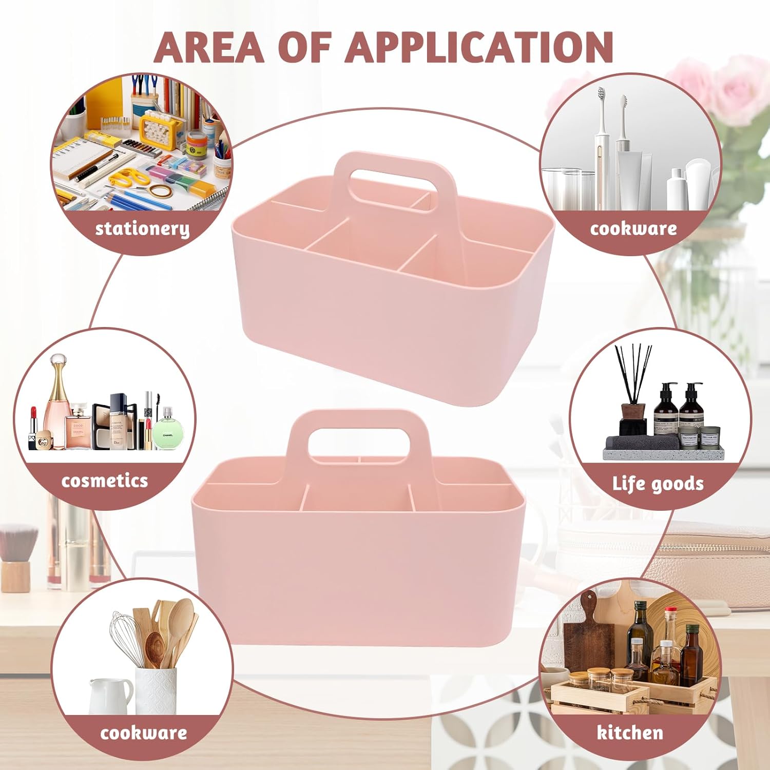 Pink Plastic Shower Caddy with 5 Grids and Handle