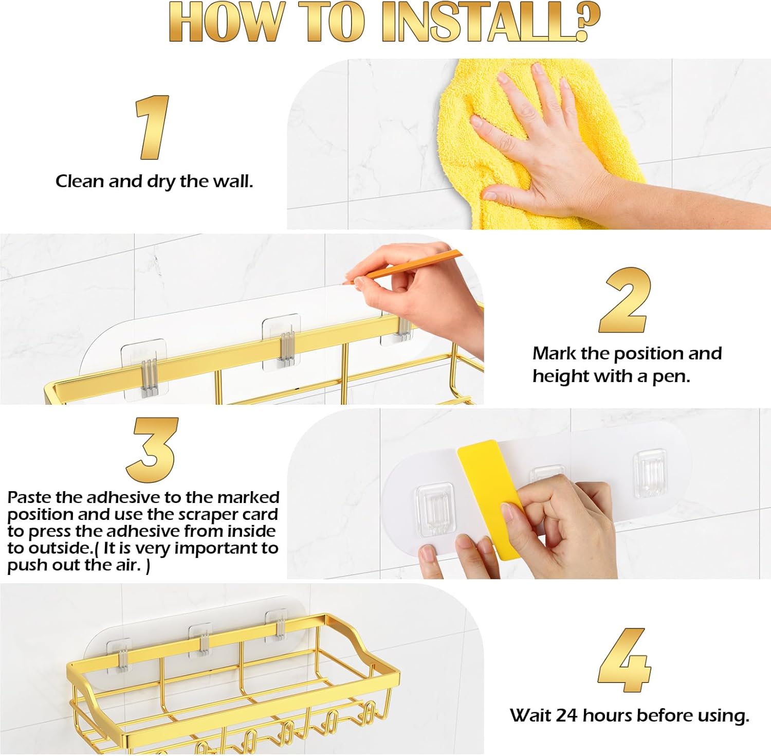 5 Pack Adhesive Shower Caddy with Gold Finish