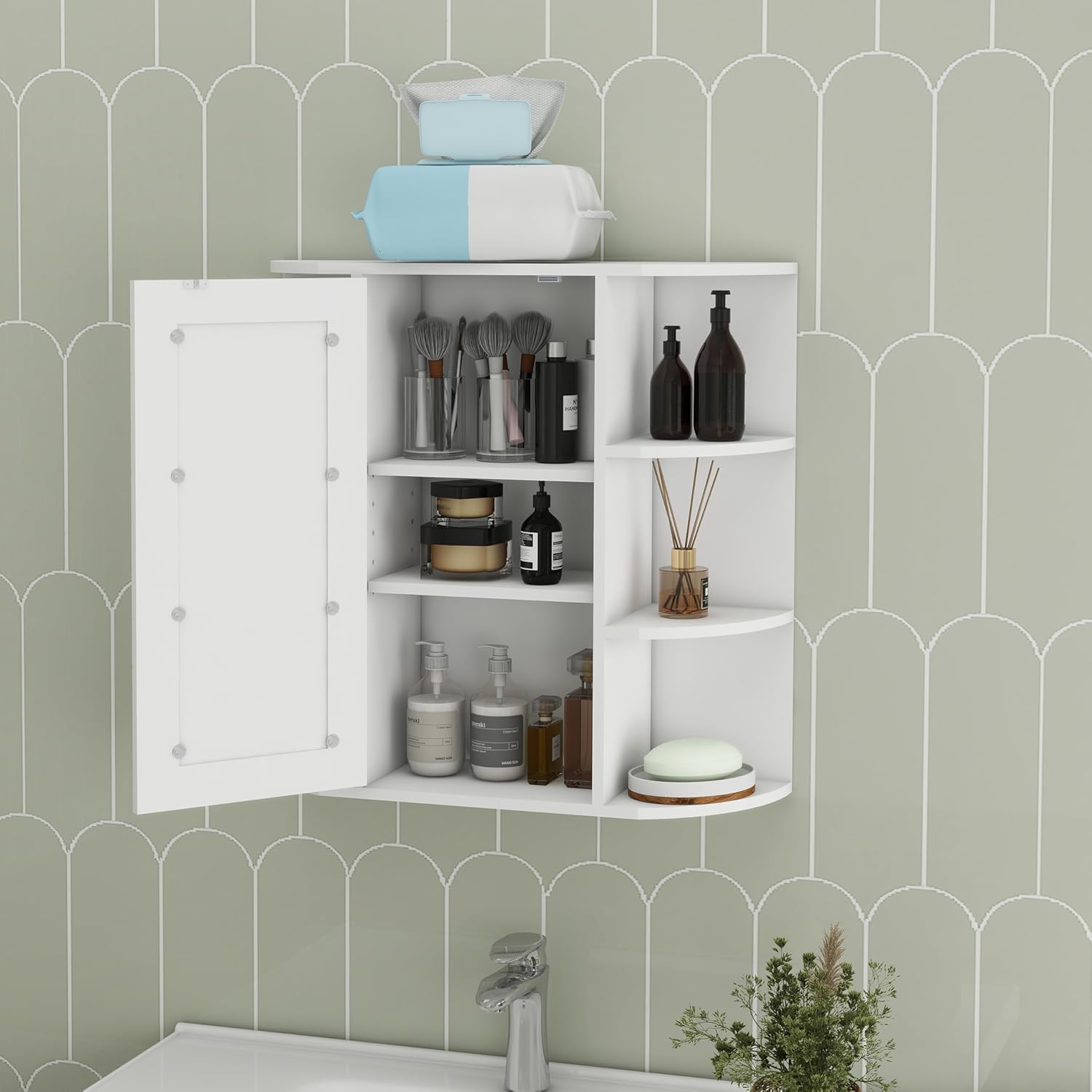 espidoo Wall Mounted Medicine Cabinet with 6 Open Shelves and 3 Adjustable Shelves