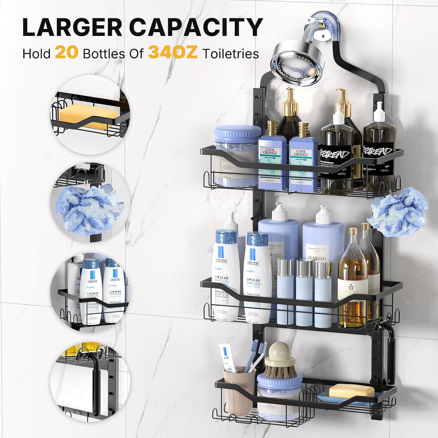 Foldable Shower Caddy - 3 Tier Adjustable No Drilling