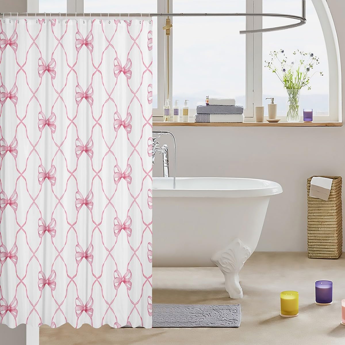 Erosebridal Pink Bow Bath Curtain 72x72 Cute Bowknot Shower Curtain Set