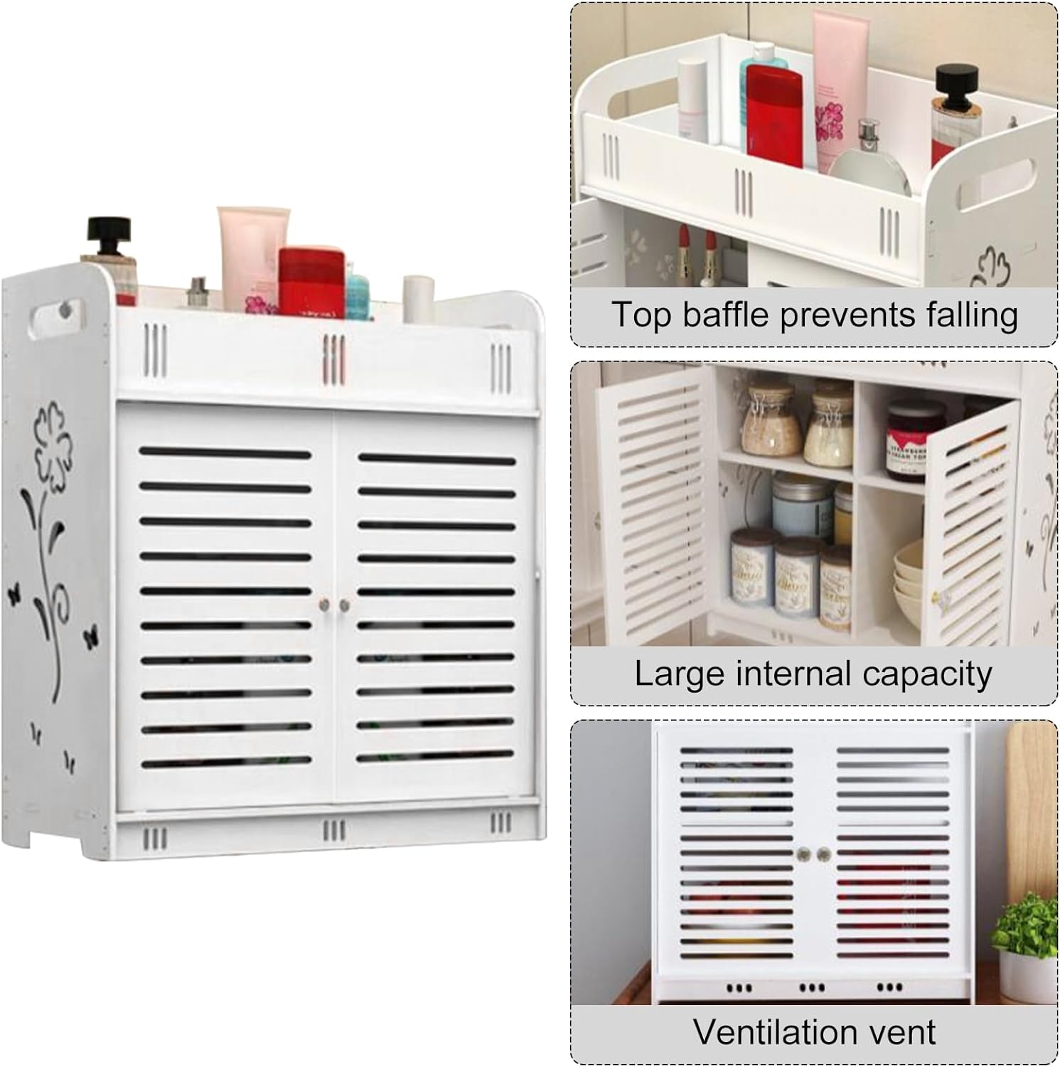 White Hollow Flower Pattern Bathroom Cabinet with Multi-Grid Tiers
