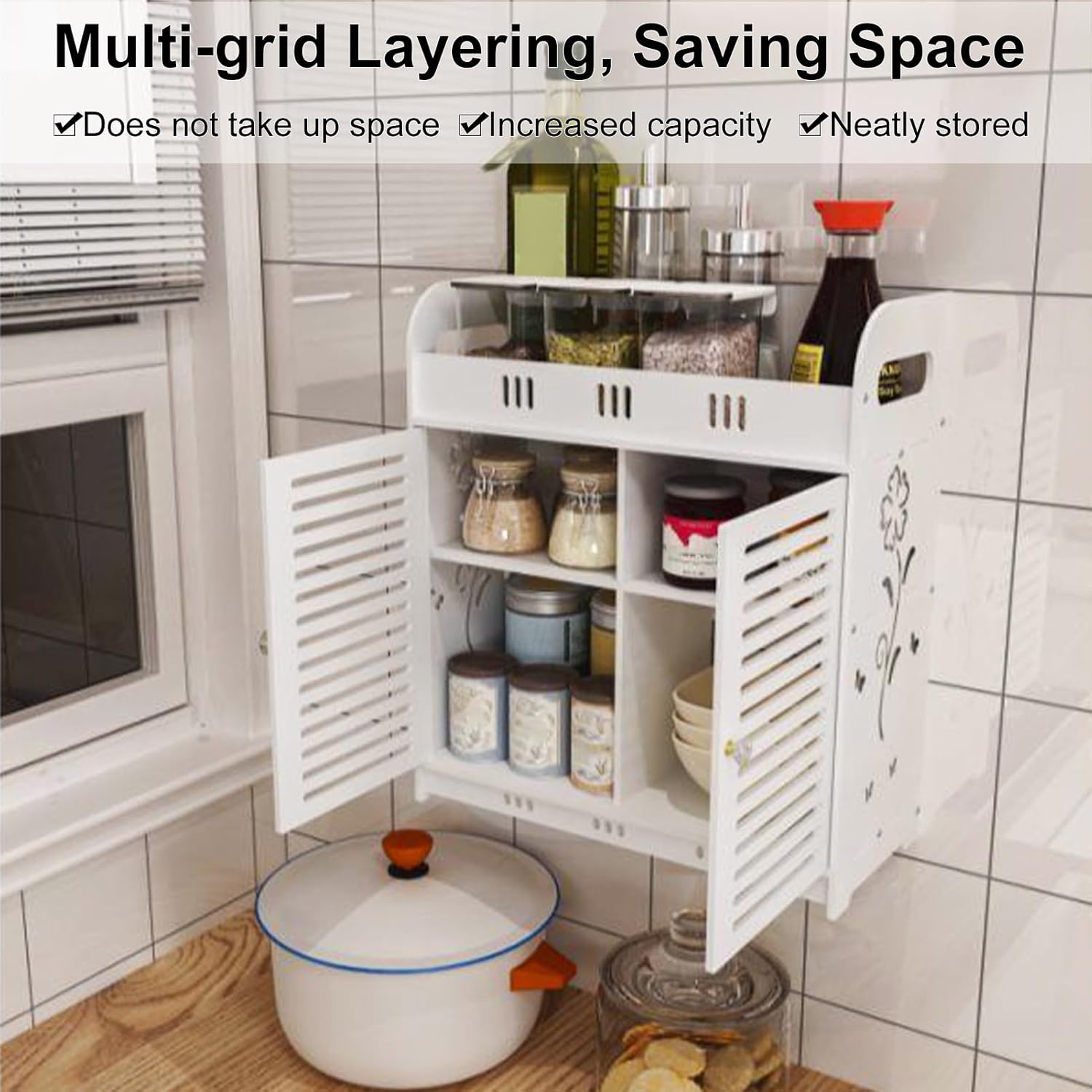 White Hollow Flower Pattern Bathroom Cabinet with Multi-Grid Tiers