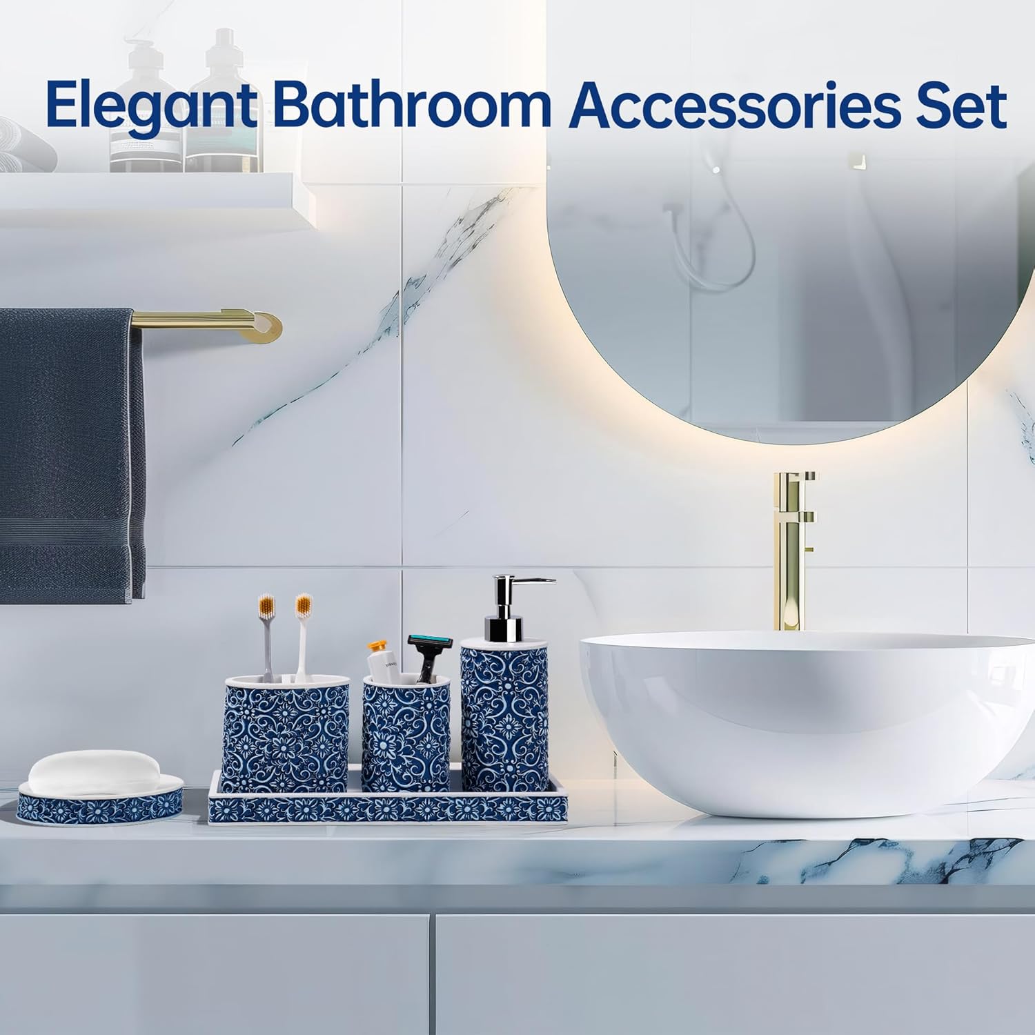 Elegant Floral Pattern Bathroom Accessory Set 5 Pcs Blue