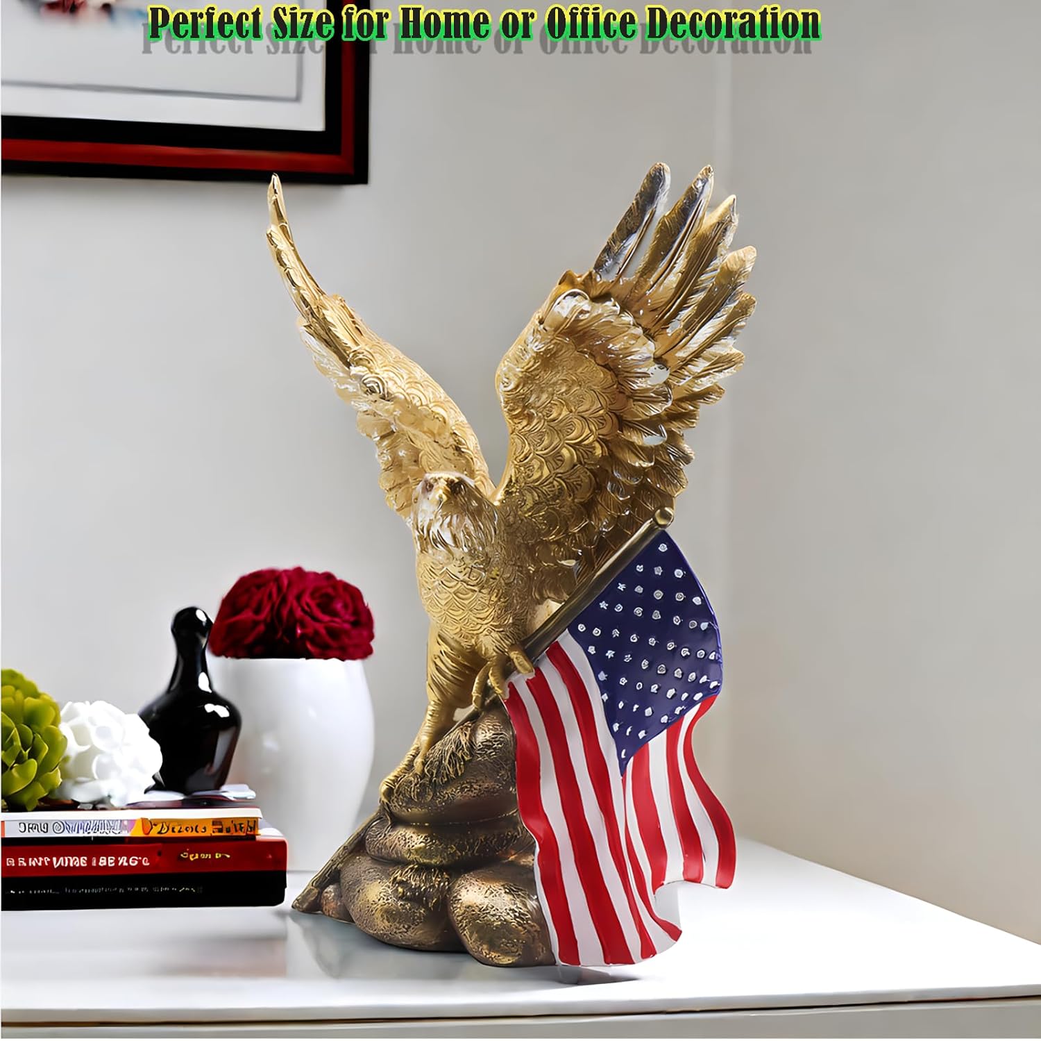 Patriotic Bald Eagle Figurine with Flag Gold Resin Statue