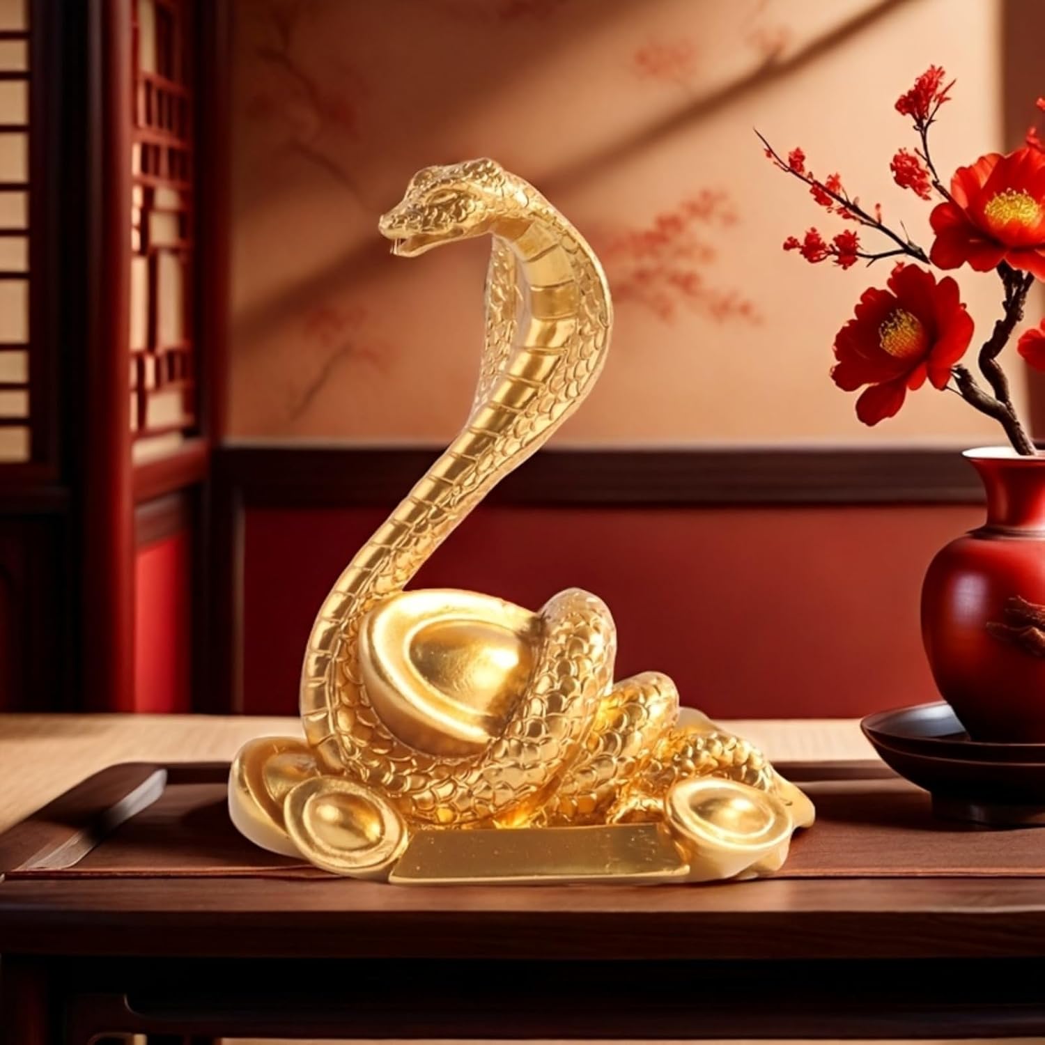 Traditional Golden Snake Figurine Resin Sculpture