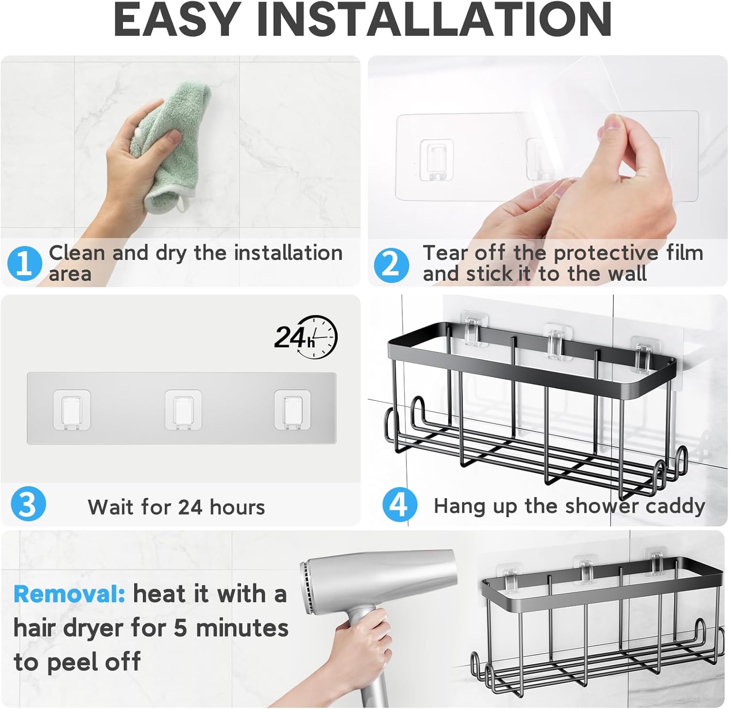 Lsnisni 3 Pack Shower Caddy Adhesive Hooks Clear Waterproof No Drilling