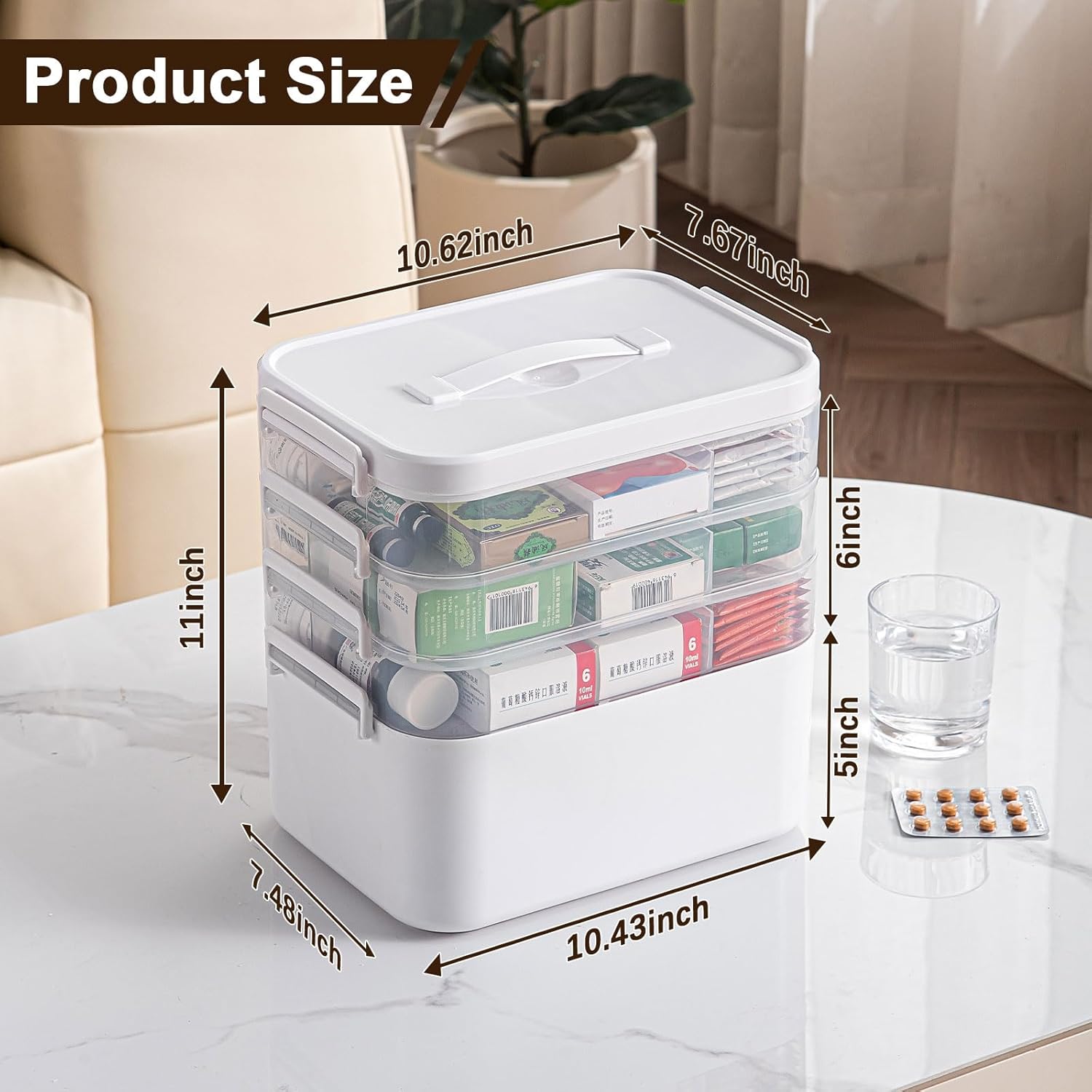 4-Tier Portable Medicine Cabinet with Handle and Removable Trays