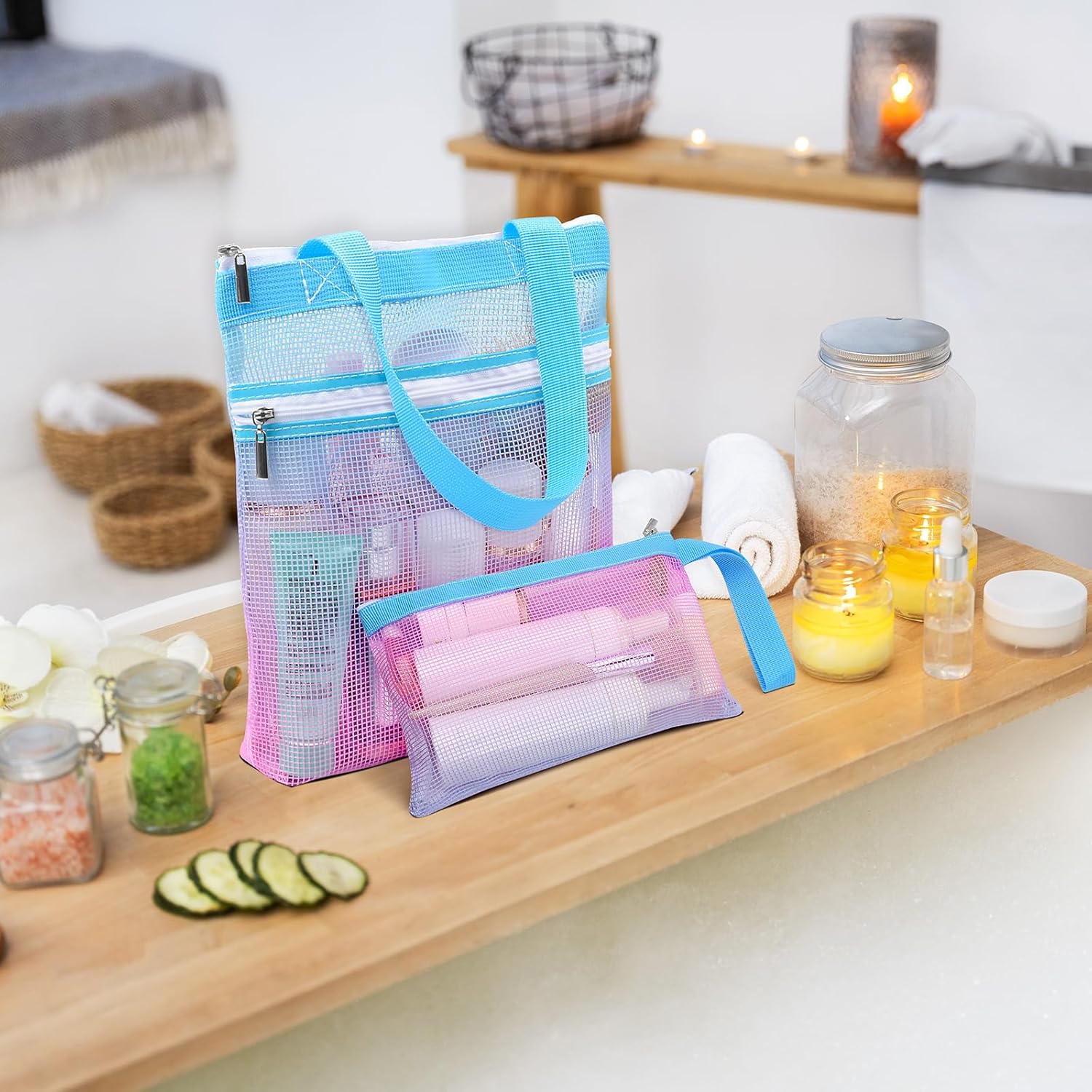 Nidoul Mesh Shower Caddy Zipper Bag for Travel Dorm Gym Beach