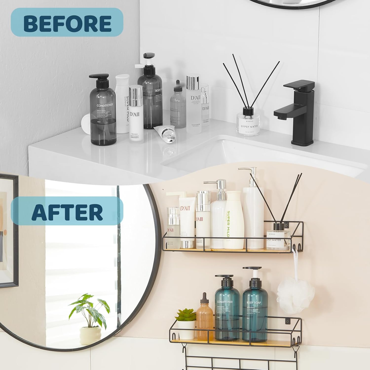 Edergoo Shower Caddy 2 Pack with Hooks and Bamboo Design