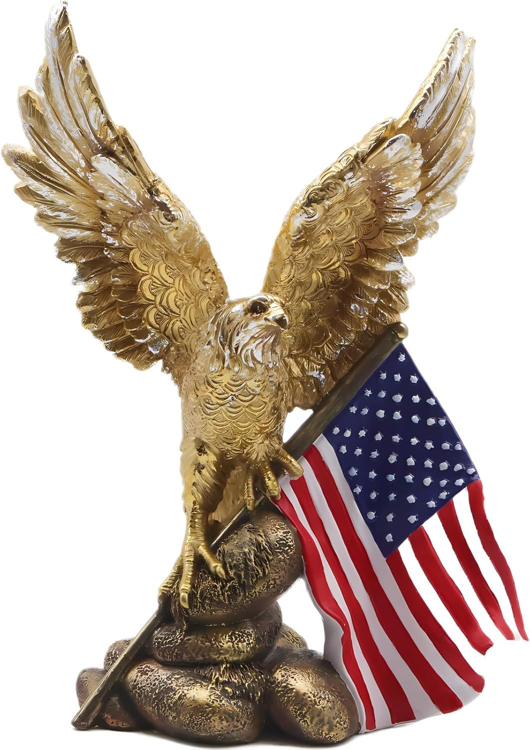 Patriotic Bald Eagle Figurine with Flag Gold Resin Statue