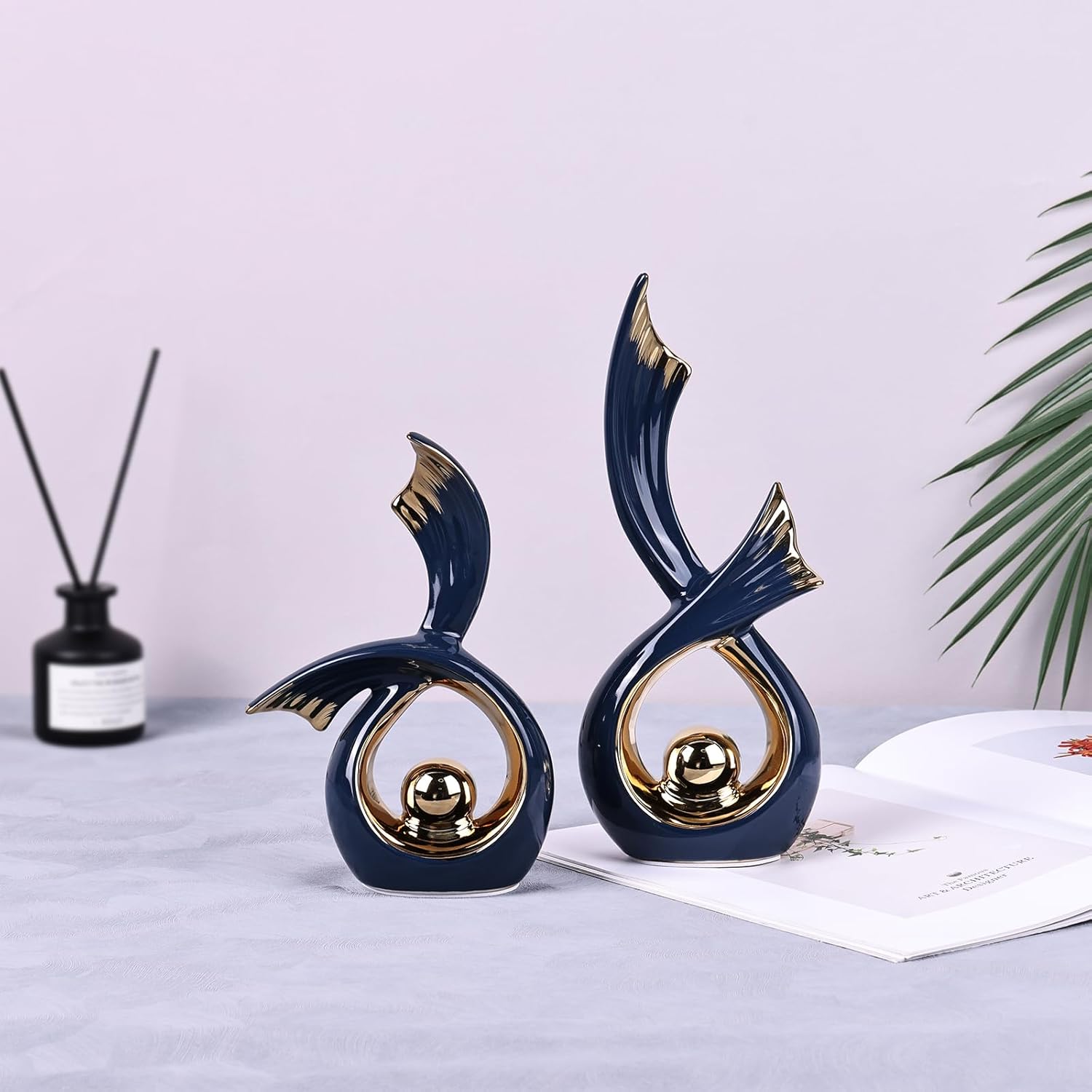 LCCCK Blue Gold Ceramic Abstract Sculpture Decor