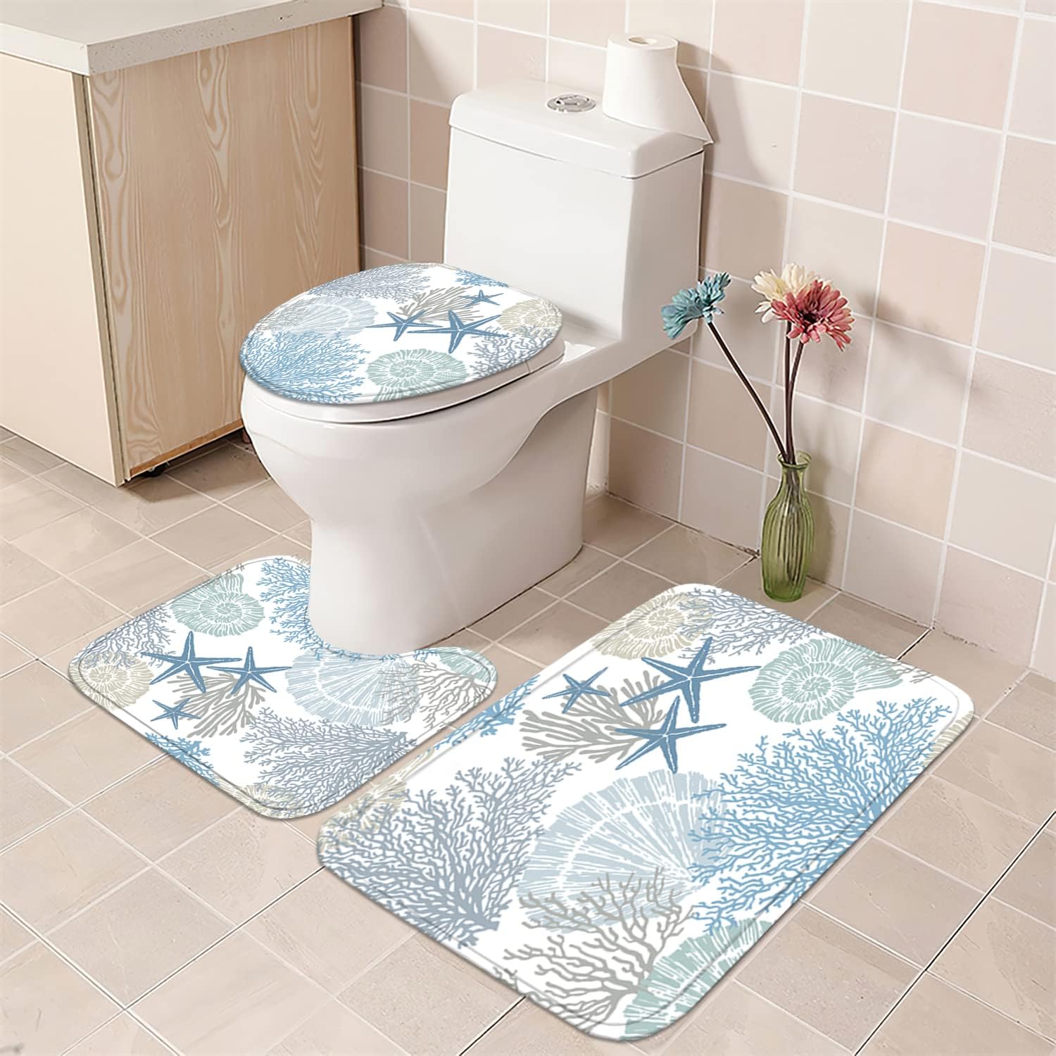 Nkzply 4 Pcs Beach Shower Curtain Bathroom Set