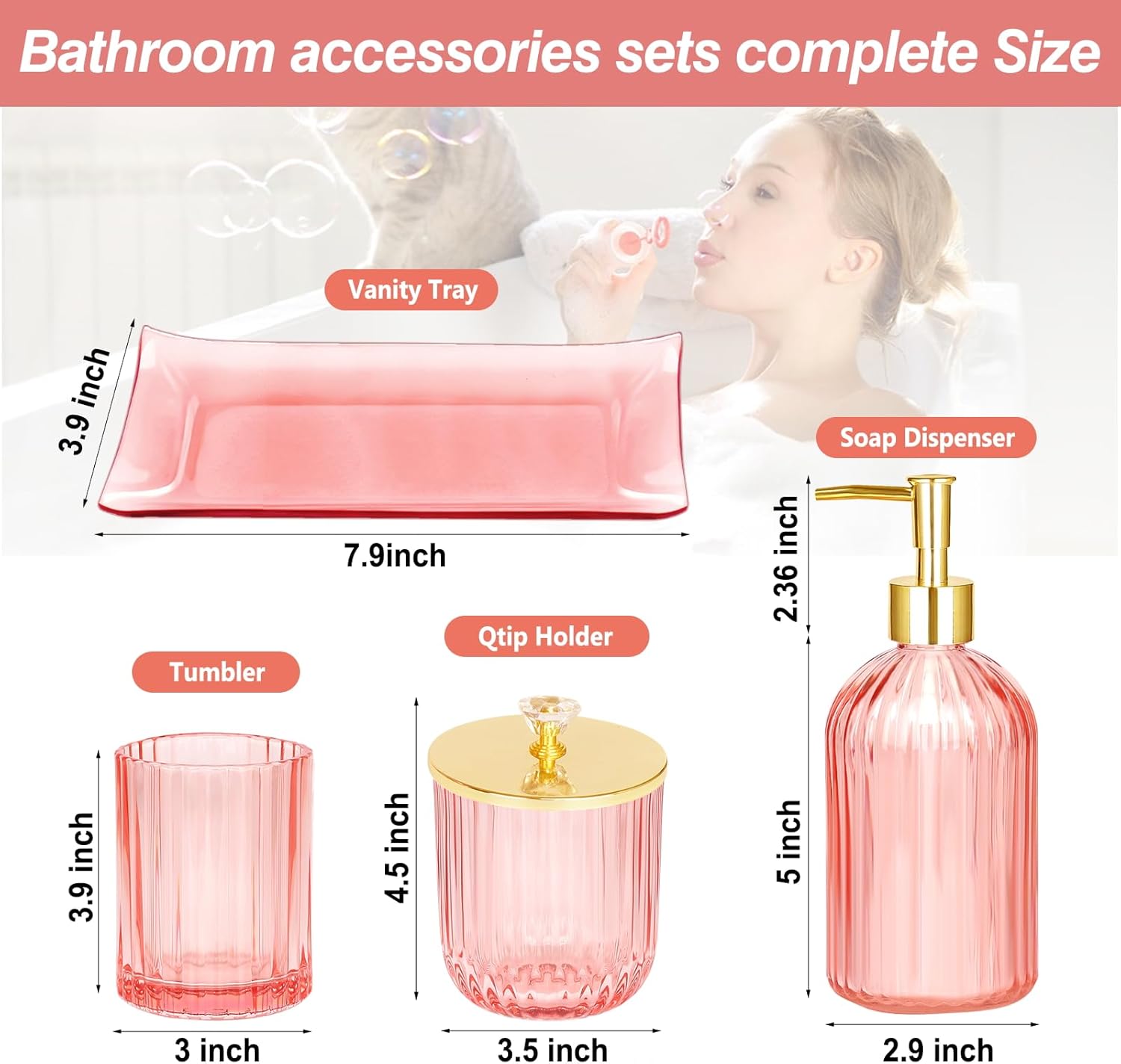 JUPELI 4-Piece Pink Glass Bathroom Accessories Set