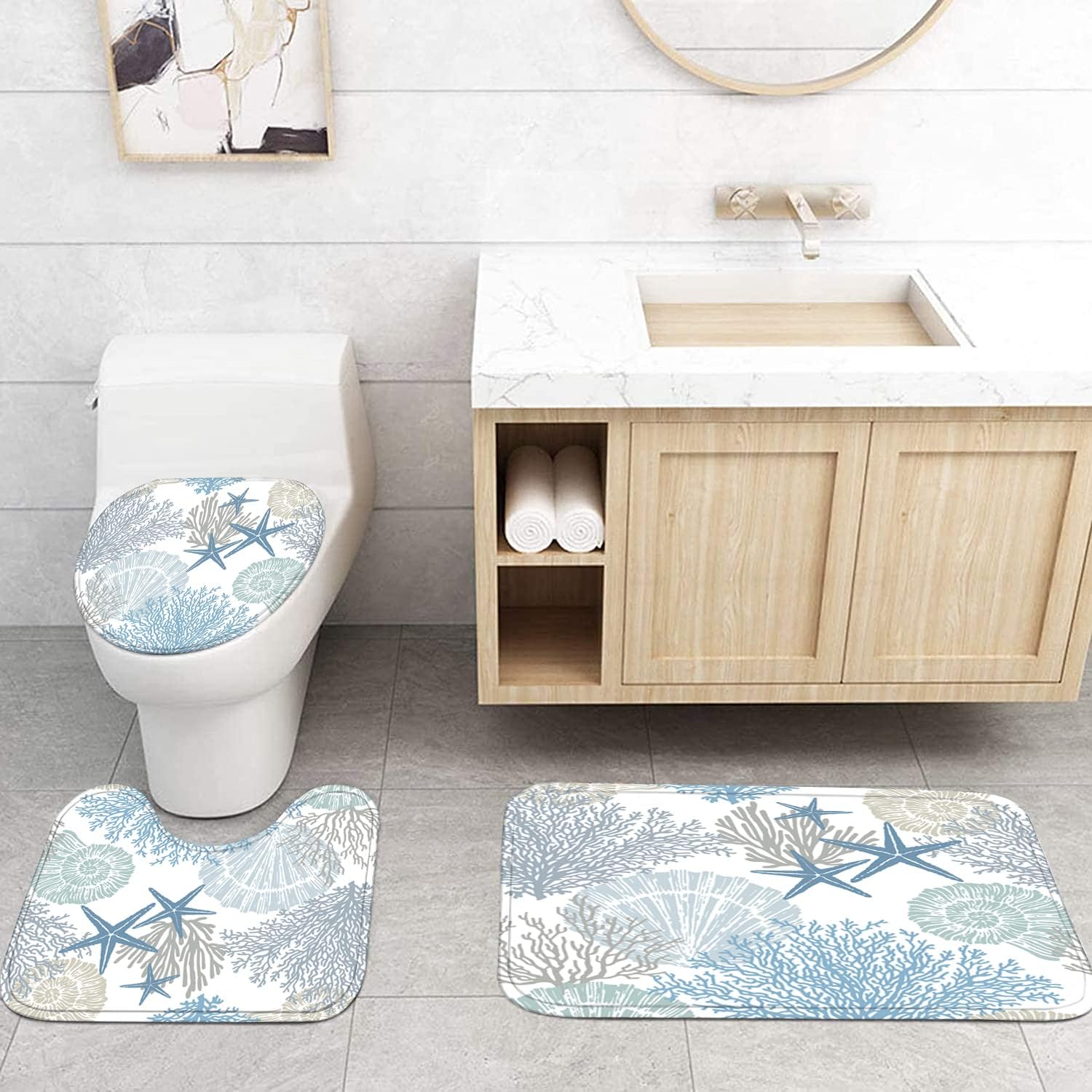 Nkzply 4 Pcs Beach Shower Curtain Bathroom Set