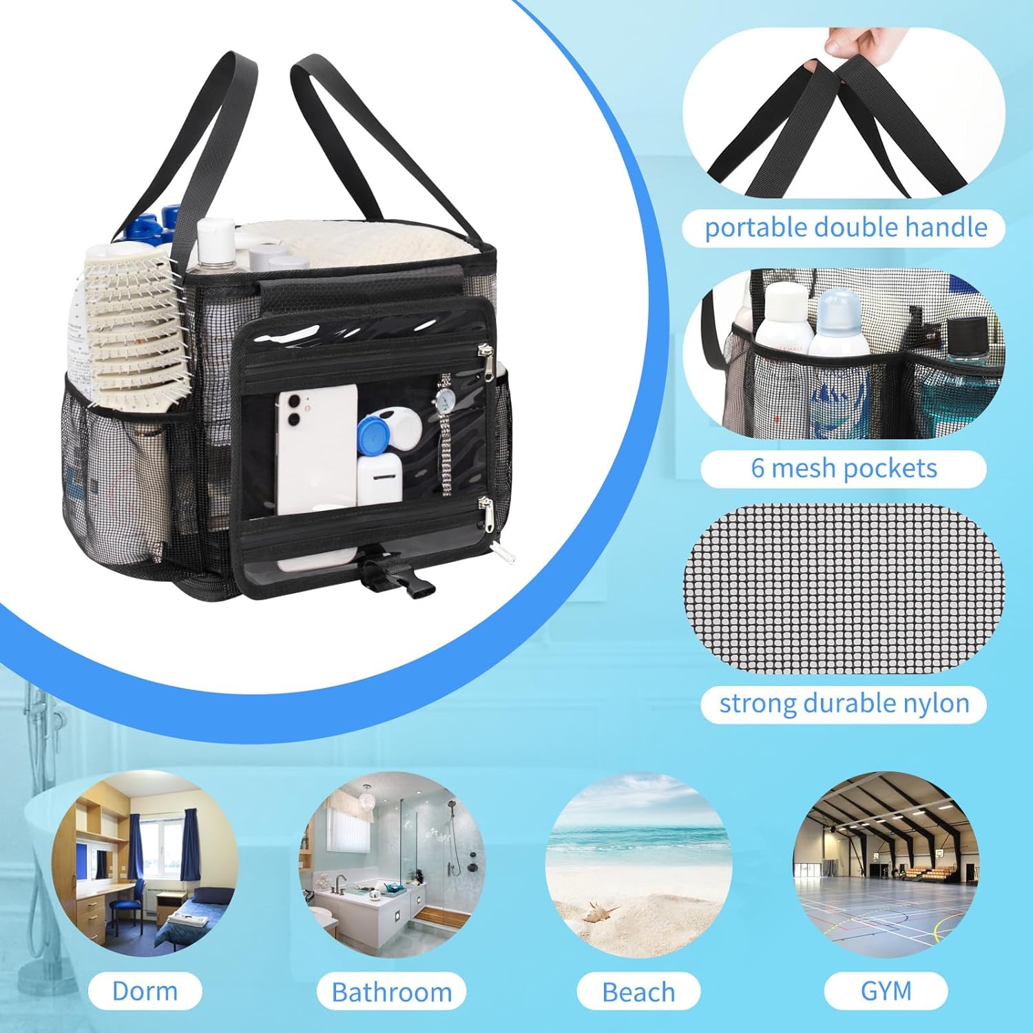 CUBETASTIC Portable Shower Caddy with 4 Side Pockets