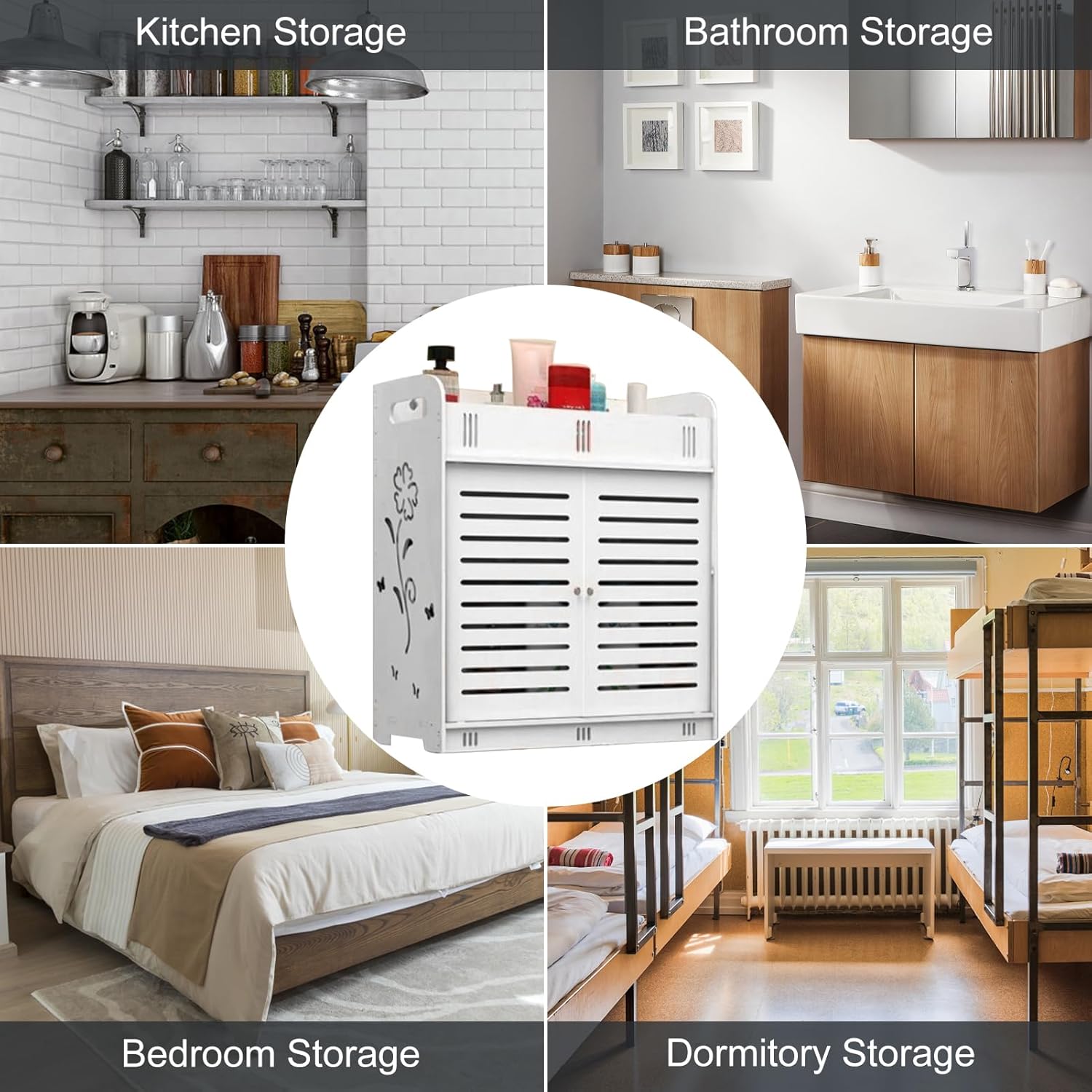GizmoSynth White Bathroom Cabinet with Hollow Flower Pattern