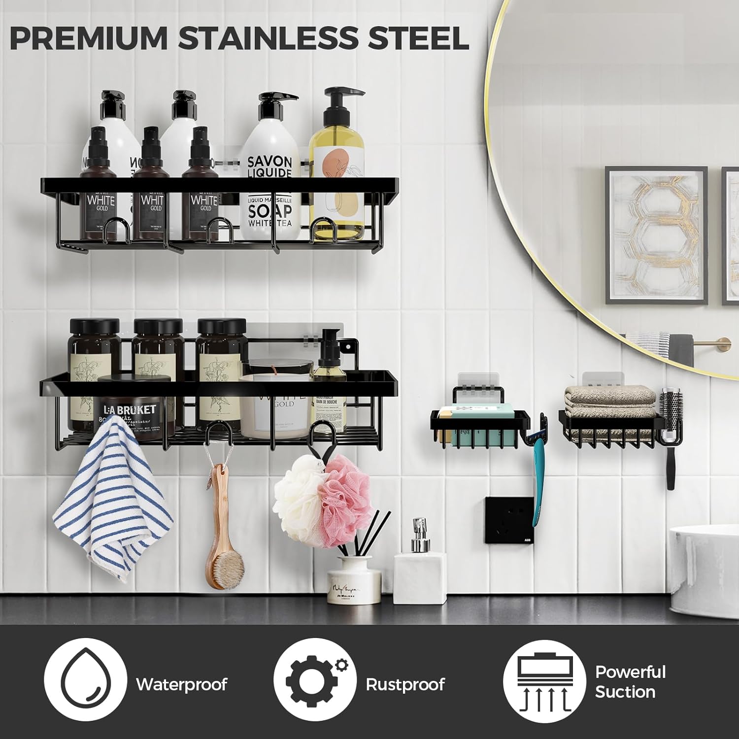 4 Pack Stainless Steel Shower Caddy Organizer with Hooks