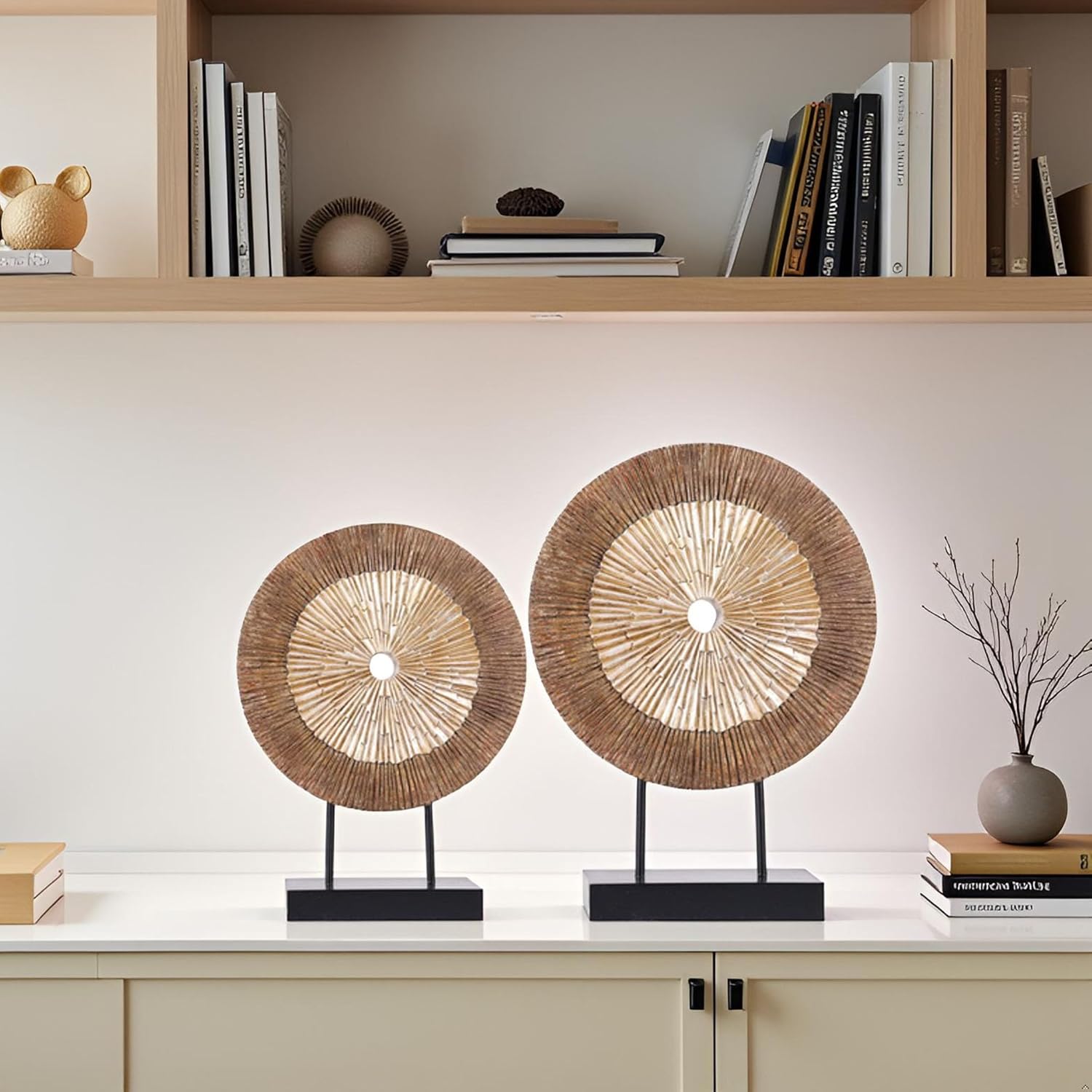 XMGZQ Modern Round Wood Statue Cabinet Decor