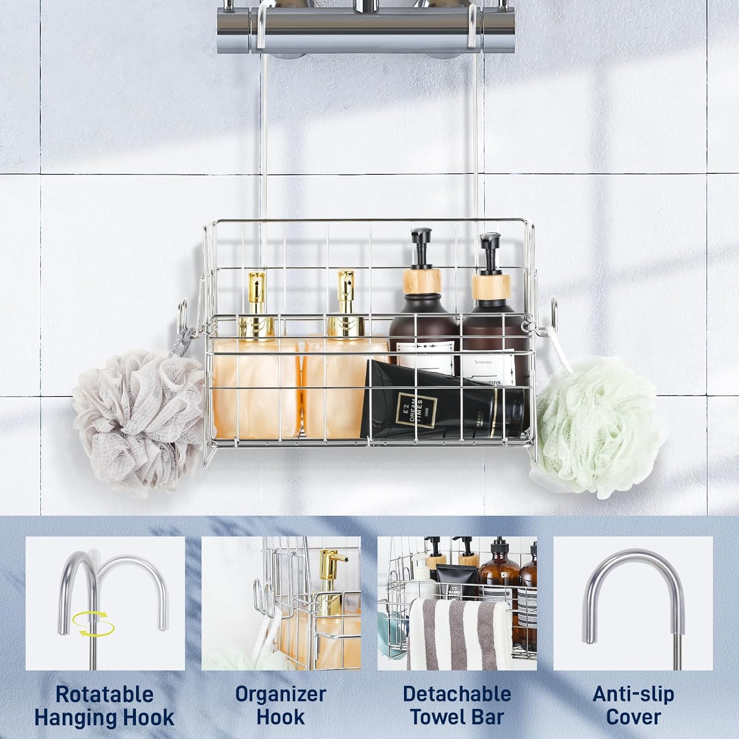 SUTINE Stainless Steel Shower Caddy with Hooks and Towel Bar