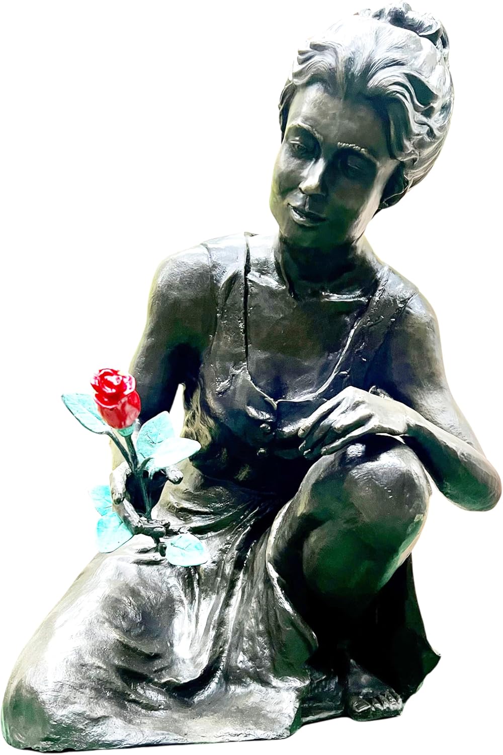 Bronze Woman Mother Kneeling with Rose Statue