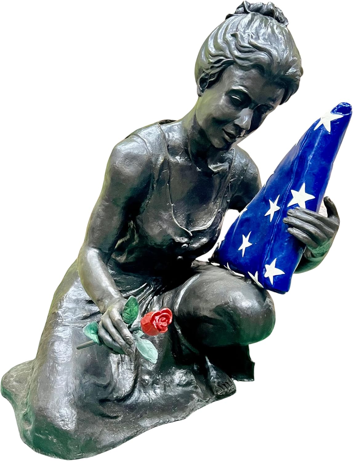 Bronze Woman Mother Kneeling Statue with Flag and Rose