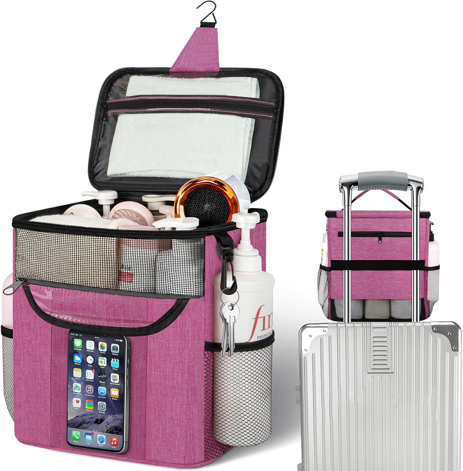 Attmu Portable Shower Caddy with Zip Pockets Pink
