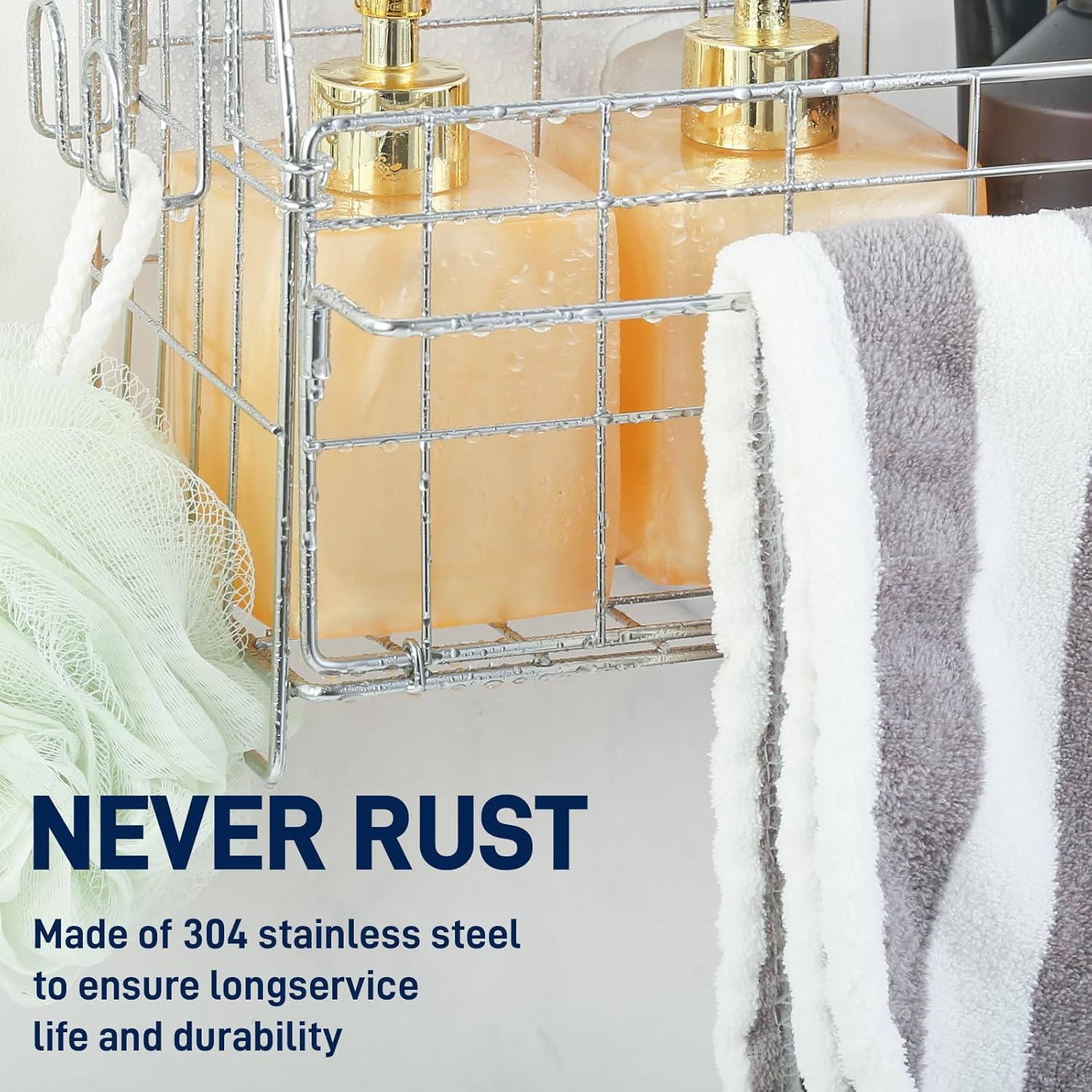 SUTINE Stainless Steel Shower Caddy with Hooks and Towel Bar