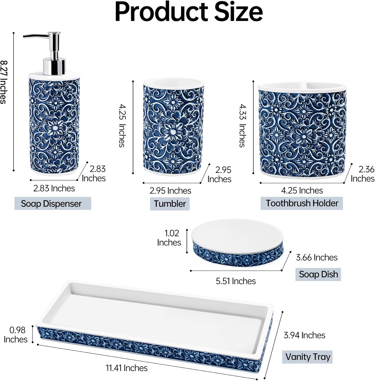 Elegant Floral Pattern Bathroom Accessory Set 5 Pcs Blue