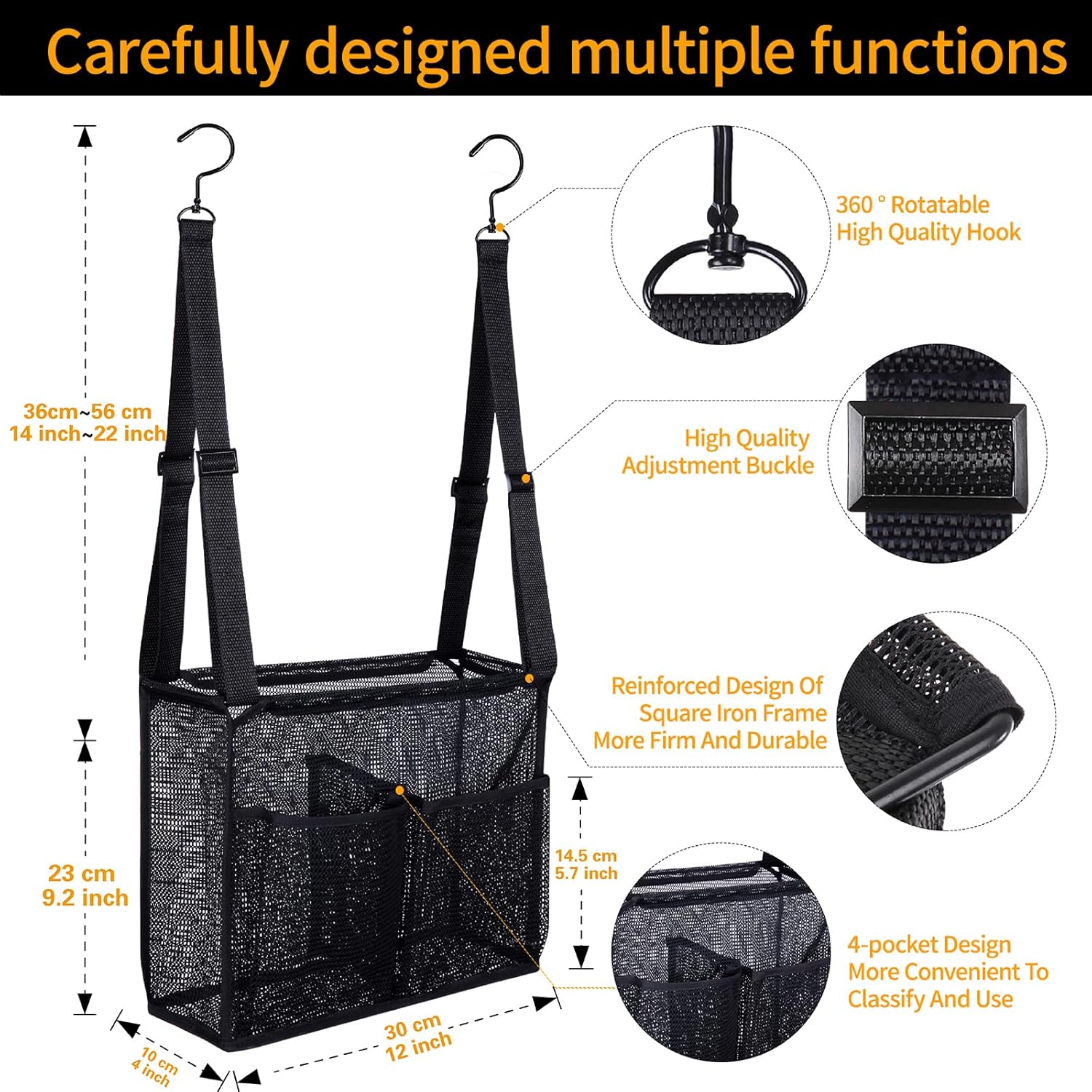 4 Storage Pockets Adjustable Hanging Mesh Shower Caddy Black