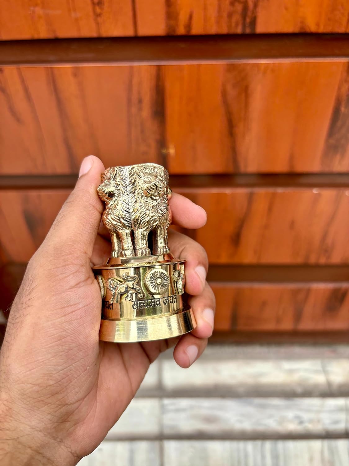 Handcrafted Brass National Emblem Statue with Ashoka Stambh and Dharma Chakra