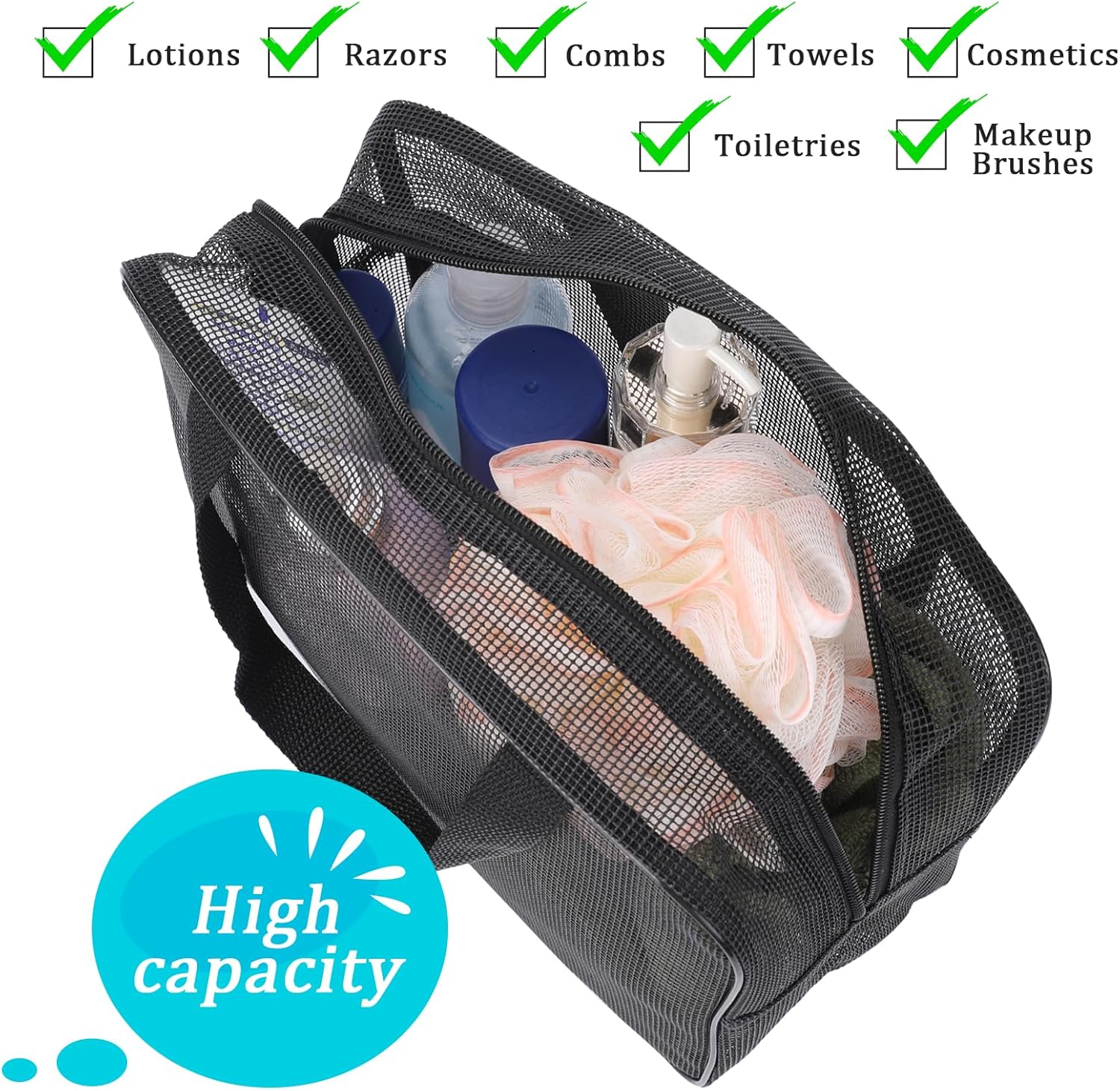 Mozeat Lens Portable Mesh Shower Caddy Bag Black