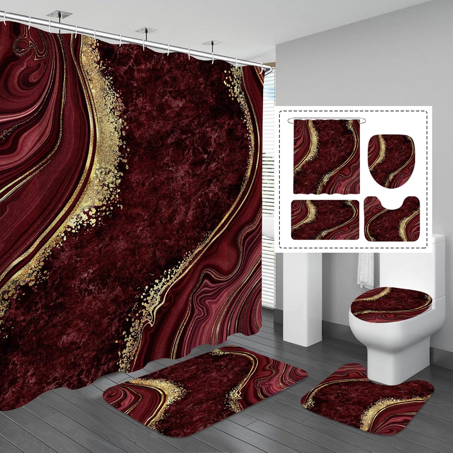 Gibelle 4 Pcs Luxury Marble Shower Curtain Set with Non-Slip Rugs