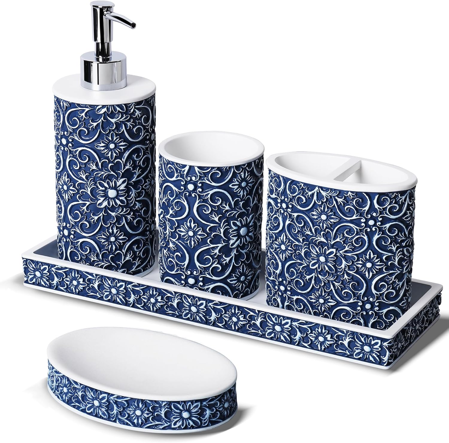 Elegant Floral Pattern Bathroom Accessory Set 5 Pcs Blue