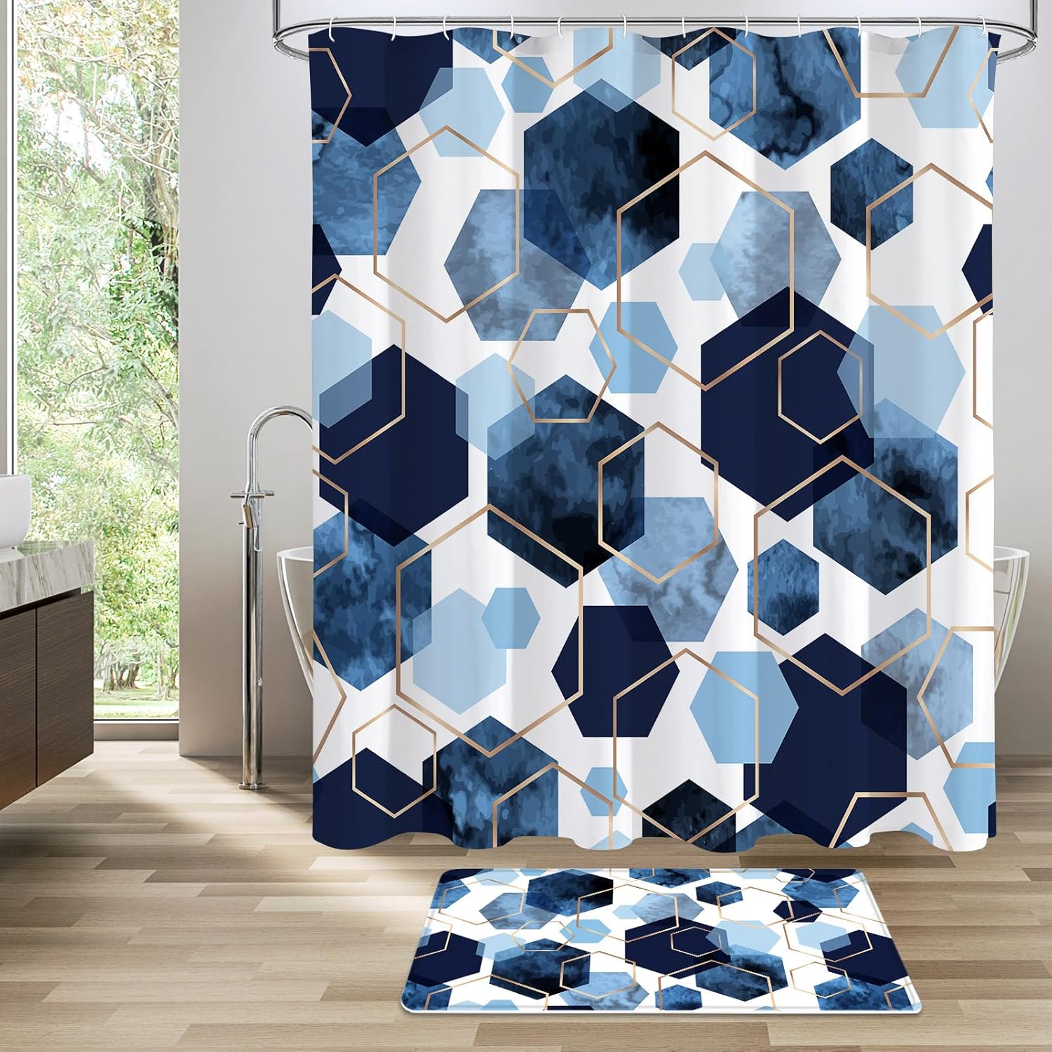 Litabel 4 Pcs Navy Blue Modern Geometric Bathroom Set