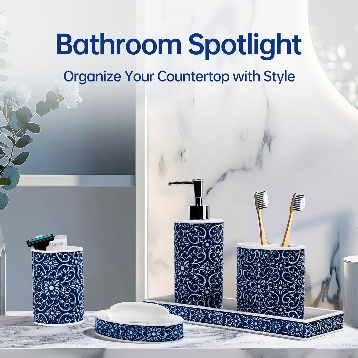 Elegant Floral Pattern Bathroom Accessory Set 5 Pcs Blue