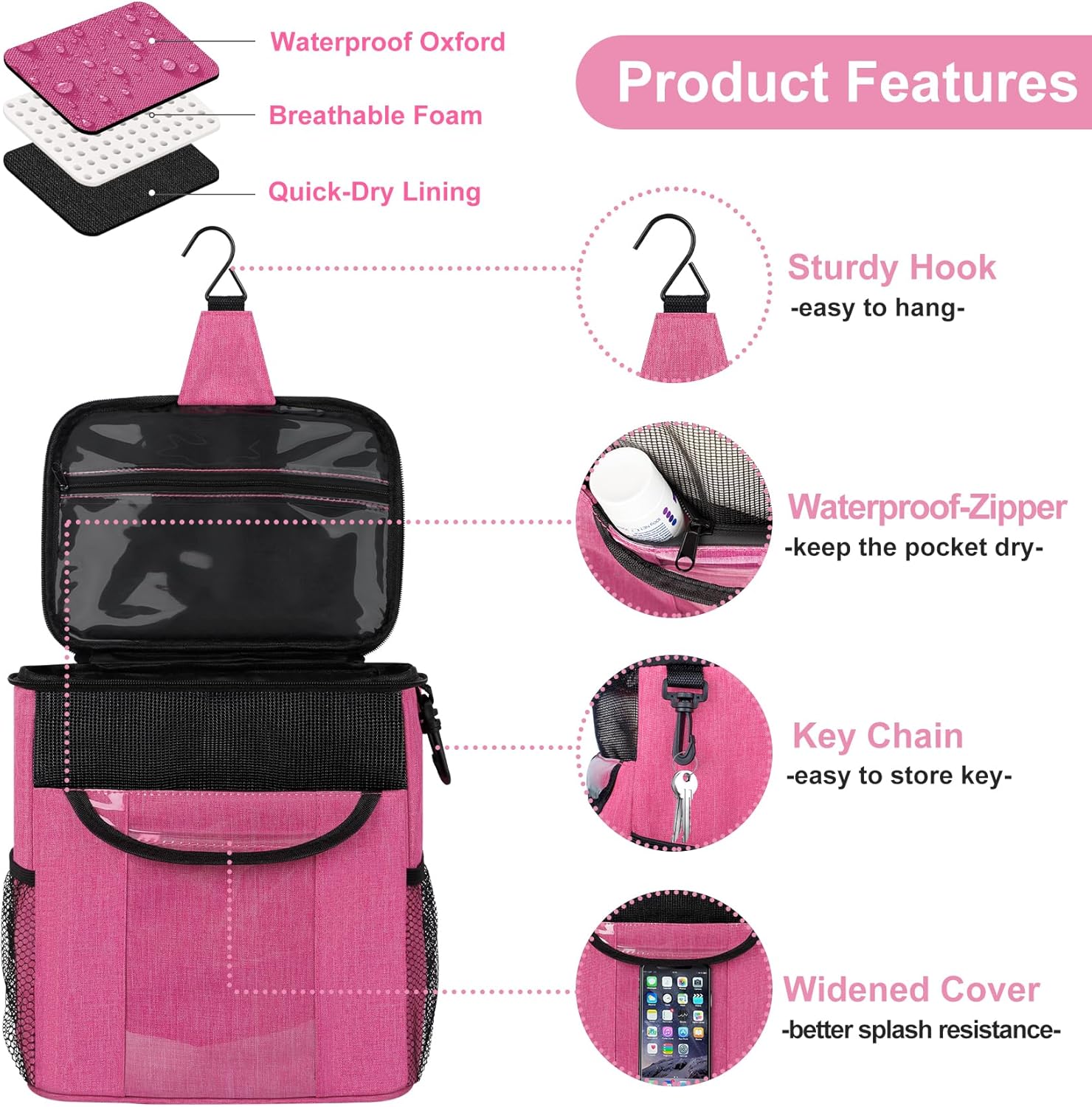 Attmu Portable Shower Caddy with Zip Pockets Pink