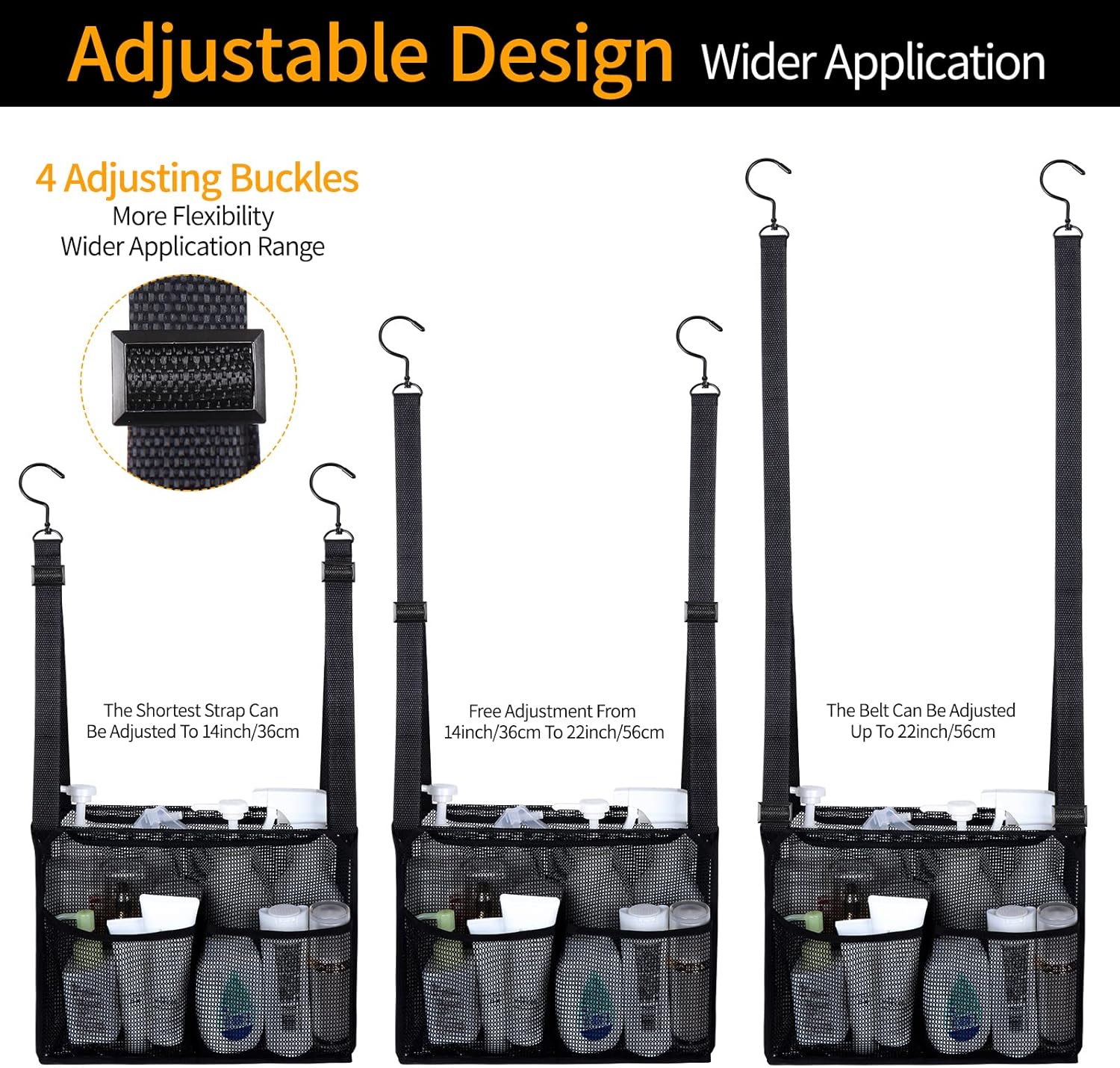 4 Storage Pockets Adjustable Hanging Mesh Shower Caddy Black