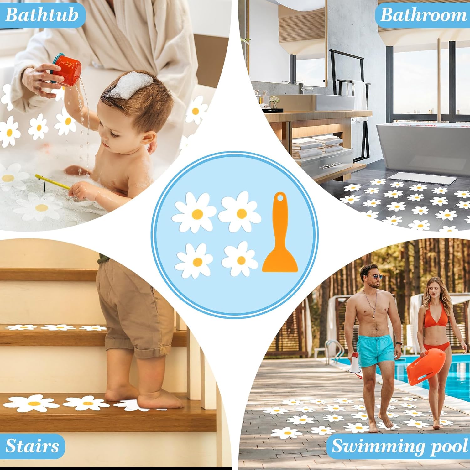 24Pcs White Daisy Non Slip Bathtub Sticker with Scraper 1