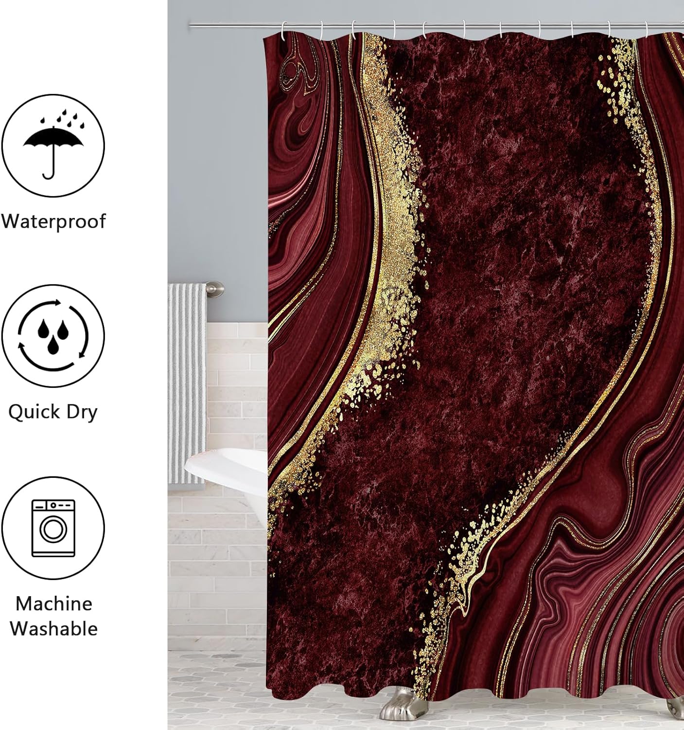 Gibelle 4 Pcs Luxury Marble Shower Curtain Set with Non-Slip Rugs