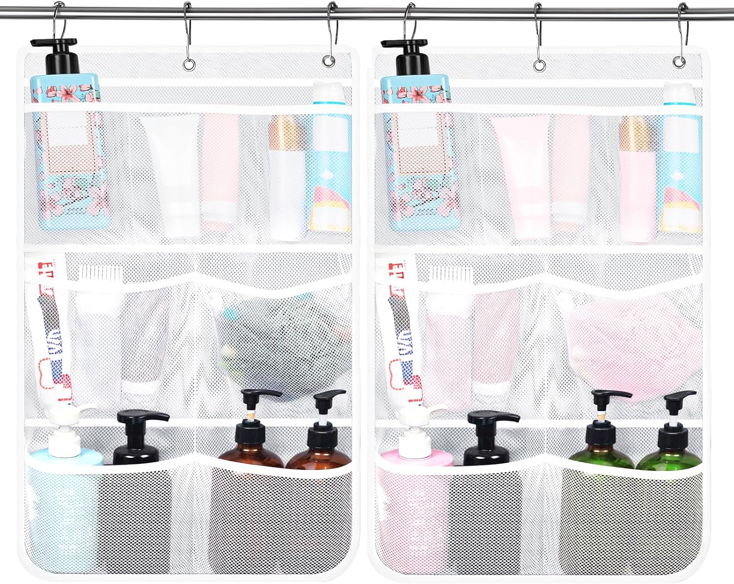 2 Pack Mesh Shower Caddy with 7 Pockets and Metal Hooks