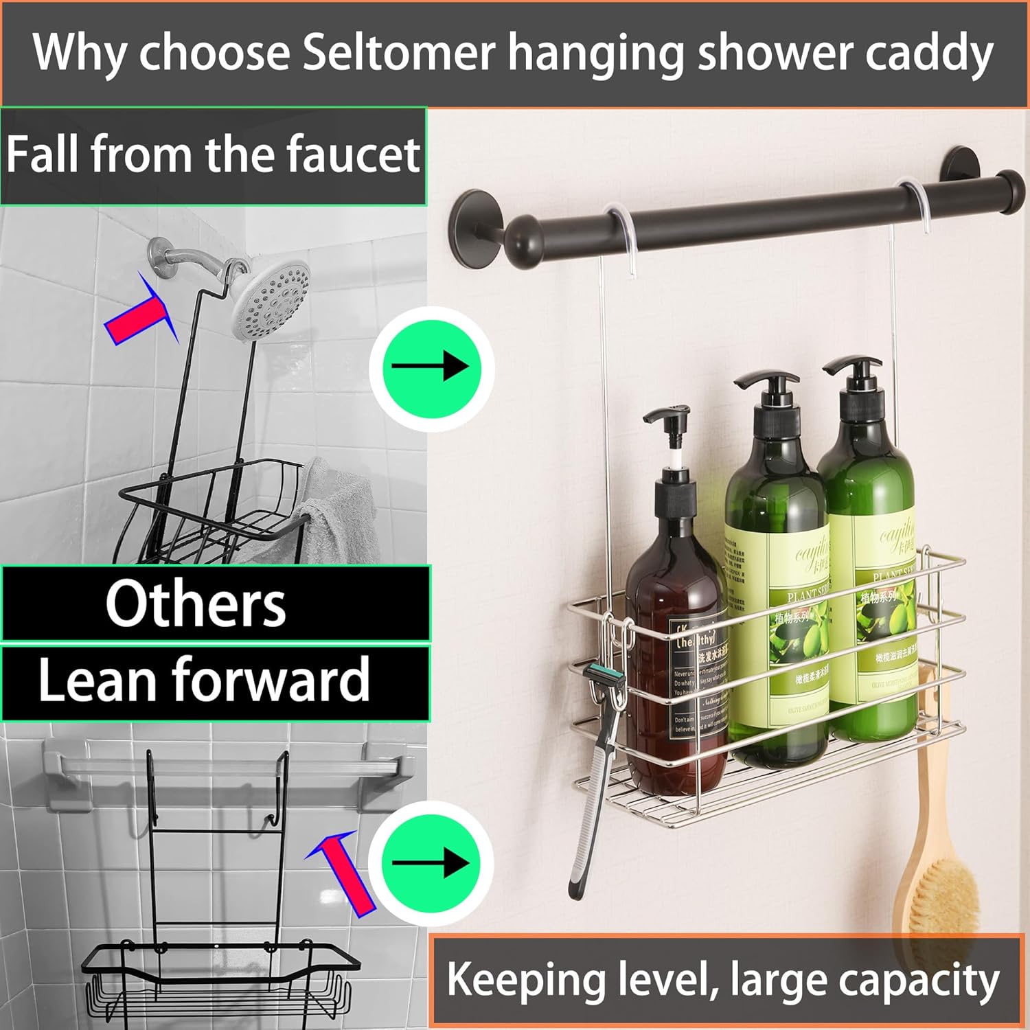 Seltomer 360 Swivel Shower Caddy with Hooks and Large Basket