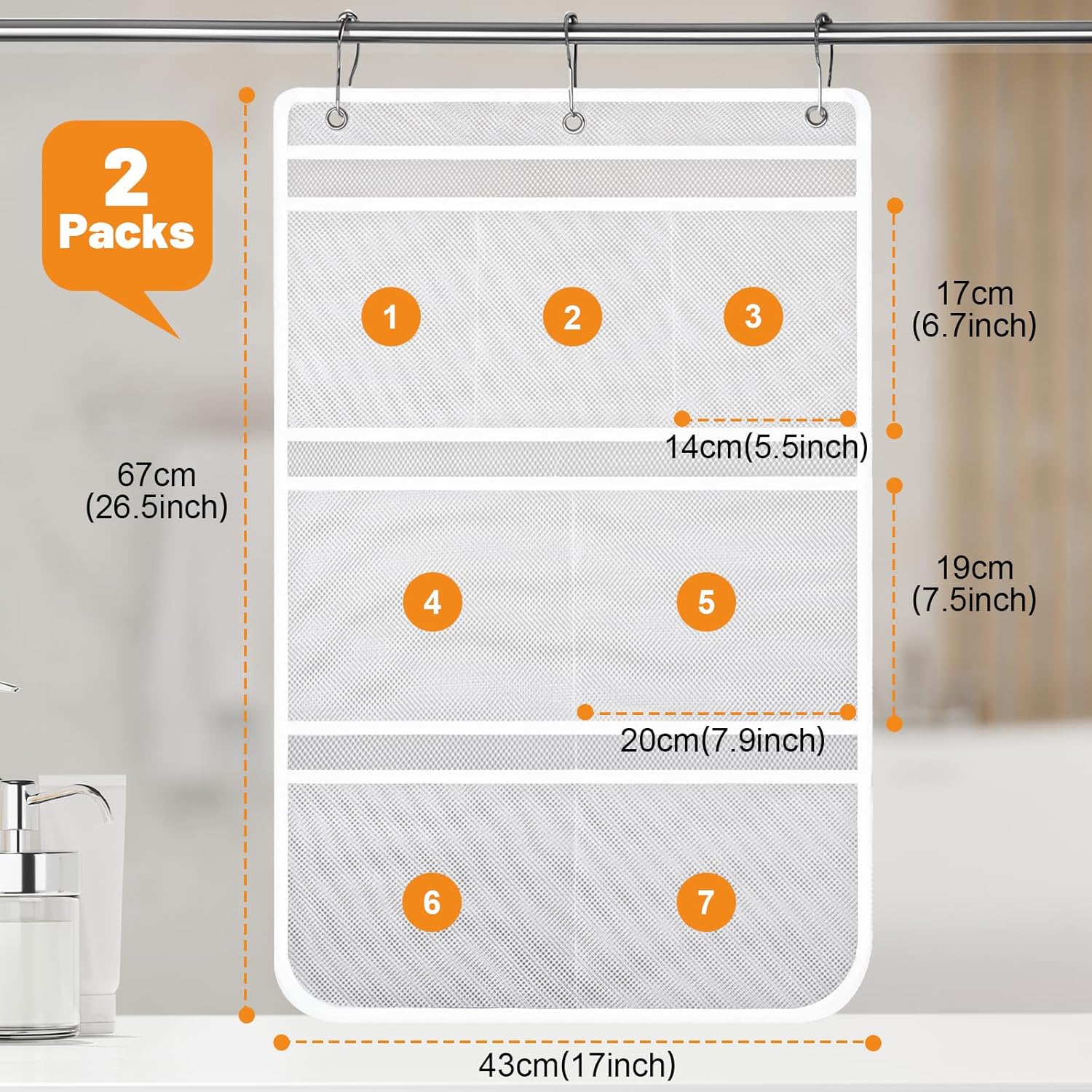 2 Pack Mesh Shower Caddy with 7 Pockets and Metal Hooks