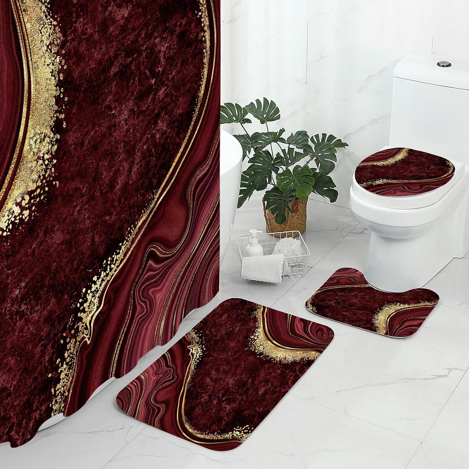 Gibelle 4 Pcs Luxury Marble Shower Curtain Set with Non-Slip Rugs