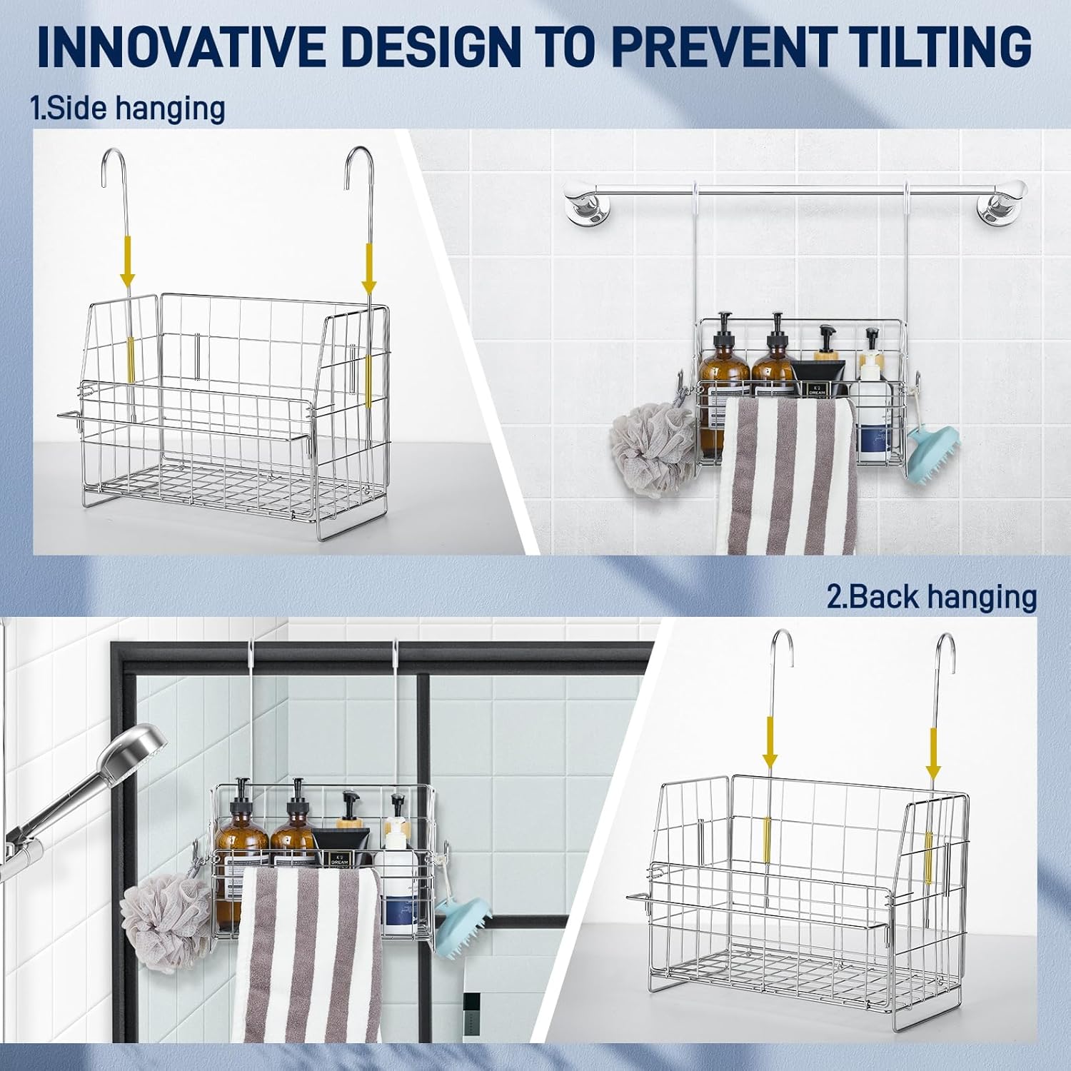 SUTINE Stainless Steel Shower Caddy with Hooks and Towel Bar
