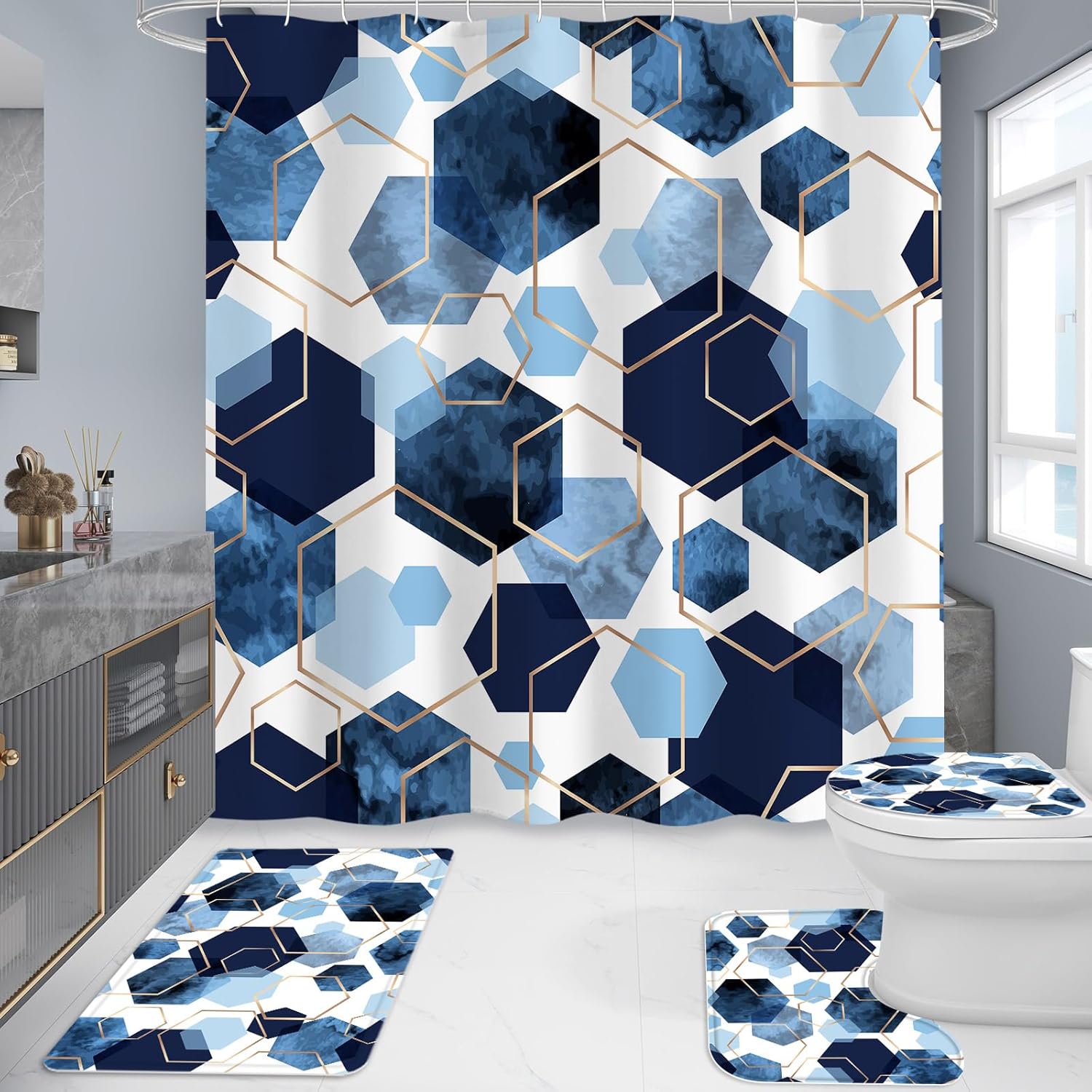 Litabel 4 Pcs Navy Blue Modern Geometric Bathroom Set