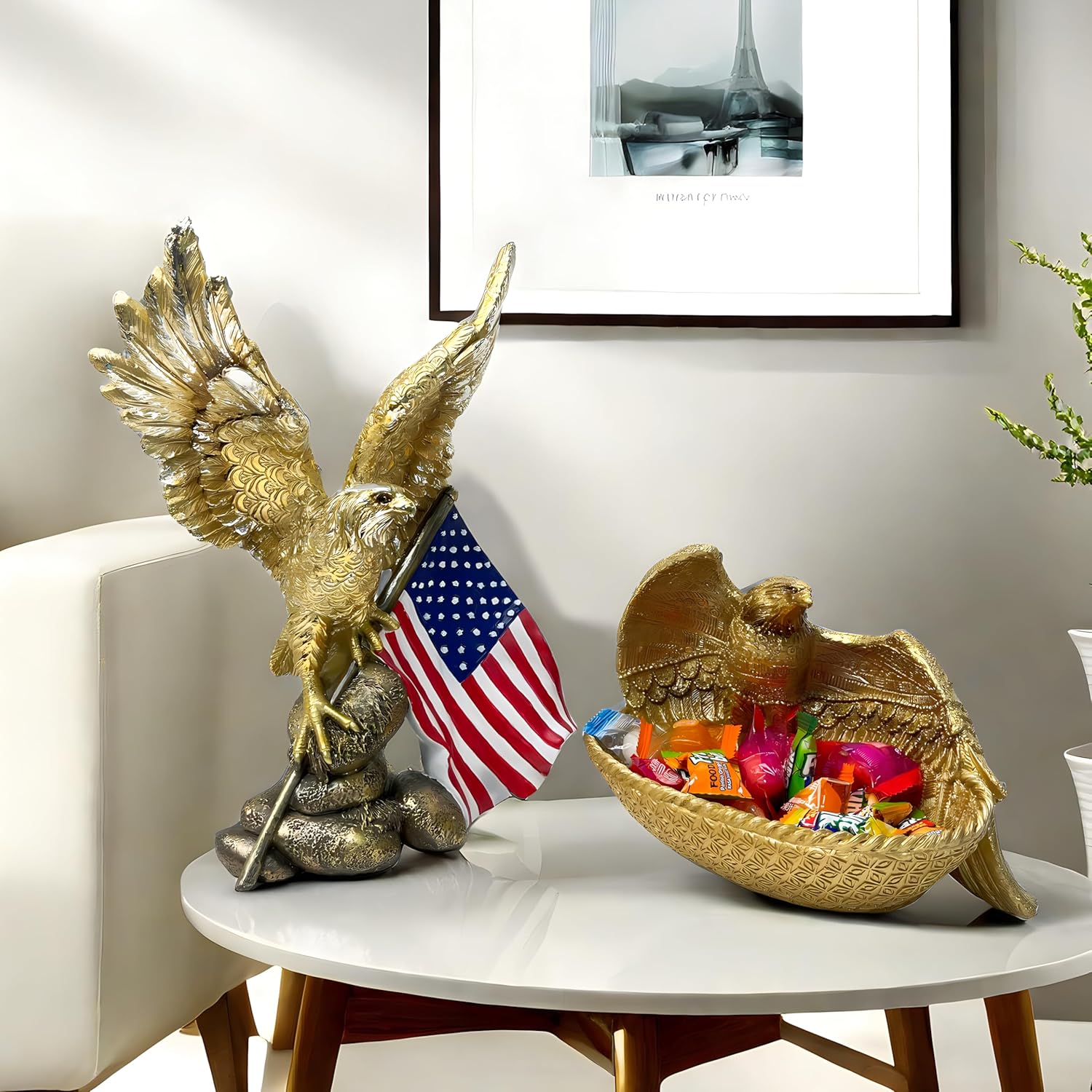 Patriotic Bald Eagle Figurine with Flag Gold Resin Statue